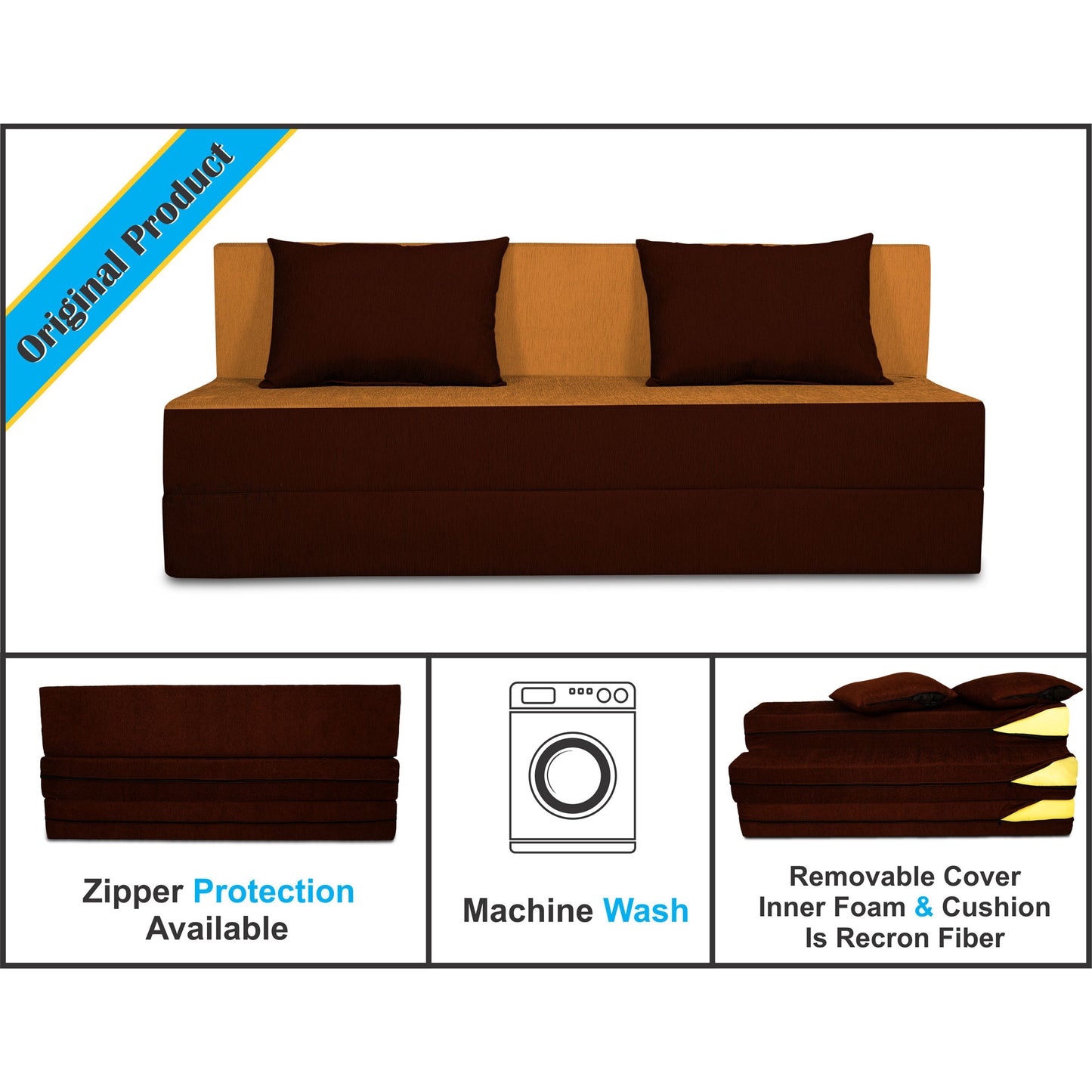 Adorn India Easy 4 Seater Sofa Cum Bed (2 Years Warrenty Quality Foam)-Perfect for Seat & Sleep Washeble Polyster Fabric Cover (Camel & Brown) 6'x6'.Pillows Free (1 Year Warranty)
