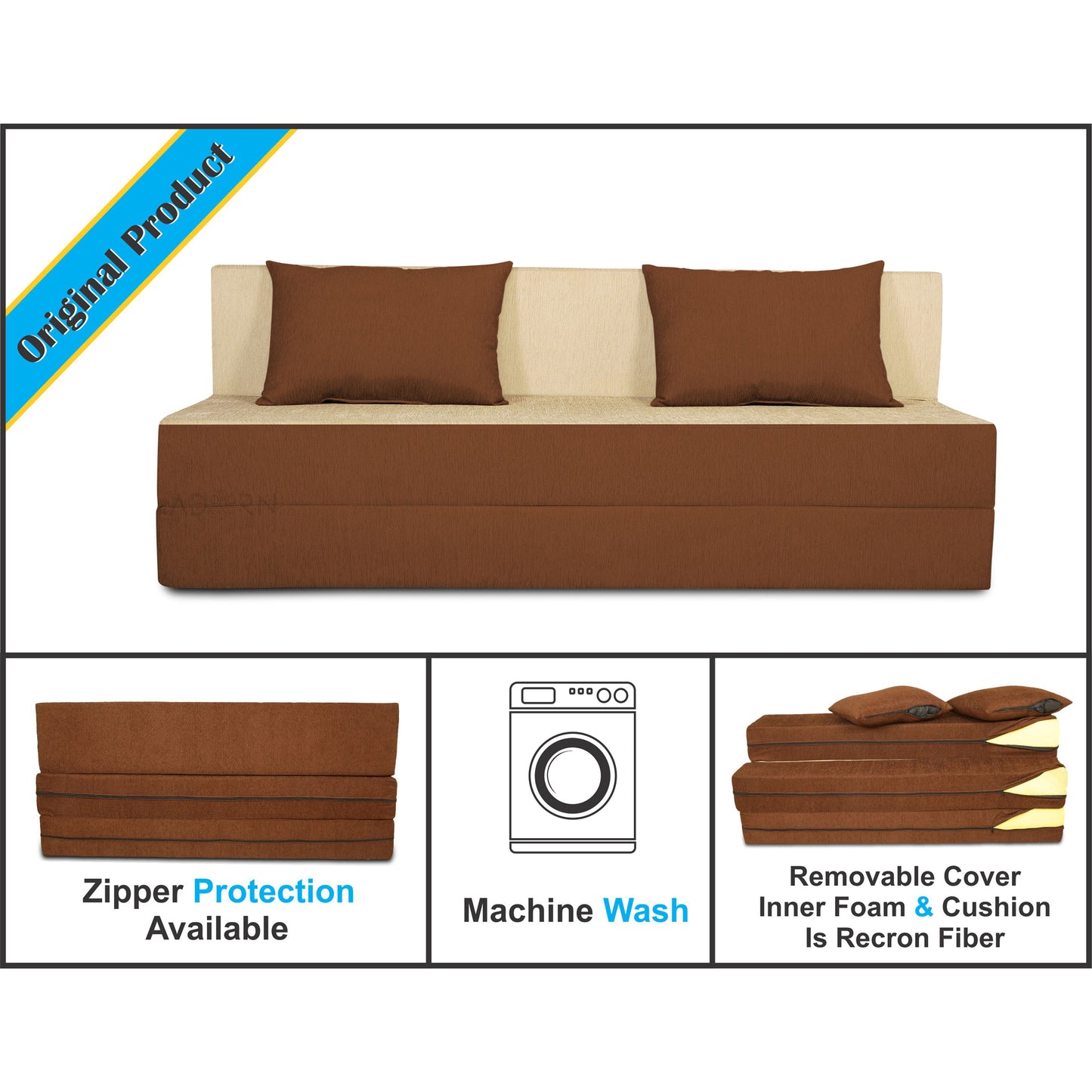 Adorn india Easy Three Seater Sofa Cum Bed(Brown & Beige) 6'x6'