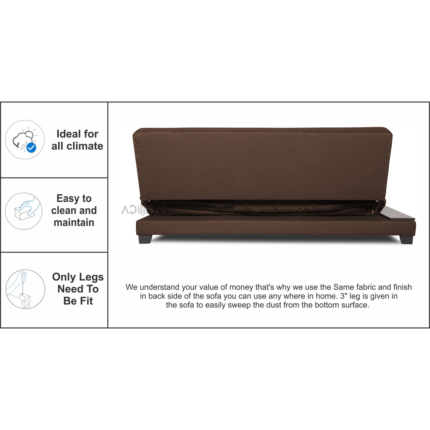 Adorn India Blake 3 Seater Sofa Cum Bed (Brown), Wood, Foam