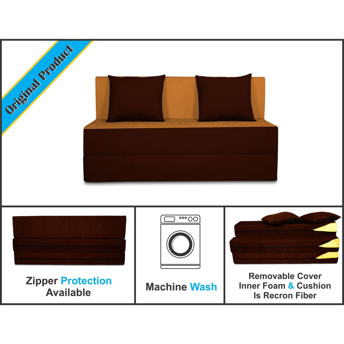 Adorn India Easy 2 Seater Sofa Cum Bed (2 Years Warrenty Quality Foam)-Perfect for Seat & Sleep Washeble Polyster Fabric Cover (Camel & Brown) 4'x6'.Pillows Free (1 Year Warranty)