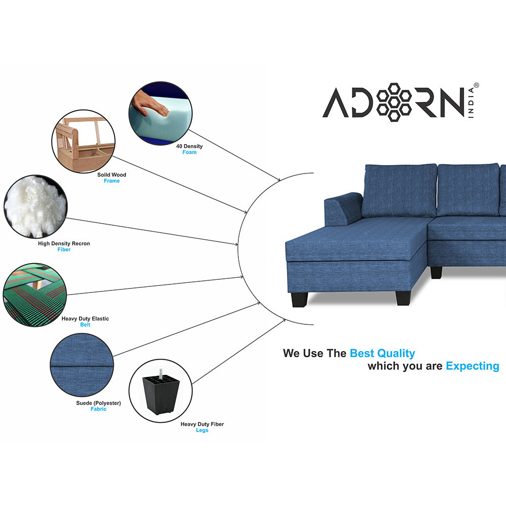 Adorn India Raiden Decent Premium L Shape 6 Seater Sofa Set with Center Table (Left Hand Side) (Blue) (3 Year Warranty)