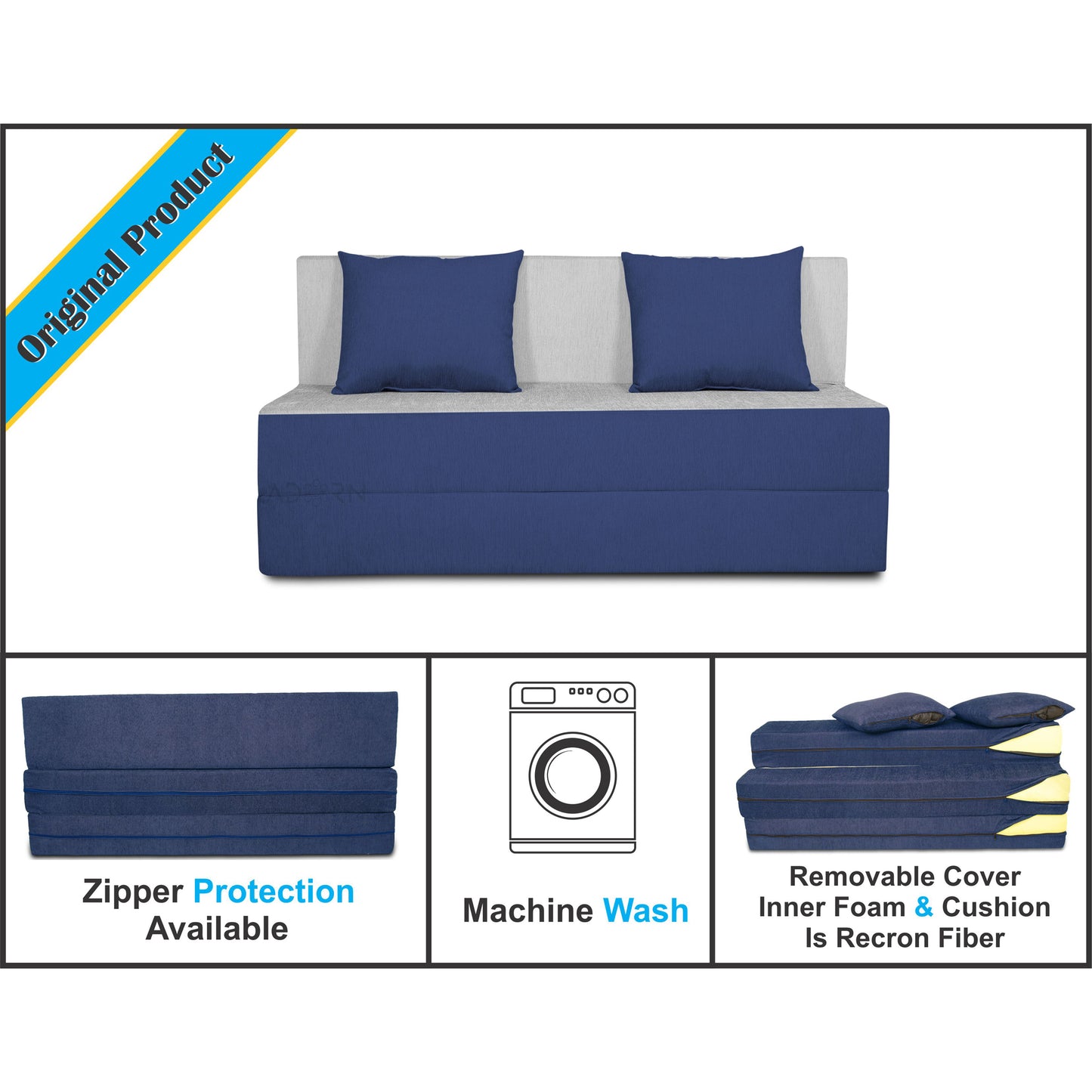Adorn India Easy 2 Seater Sofa Cum Bed -Perfect for Seat & Sleep Washeble Polyster Fabric Cover (Blue & Grey) 4'x6'.Pillows Free (3 Year Warranty)