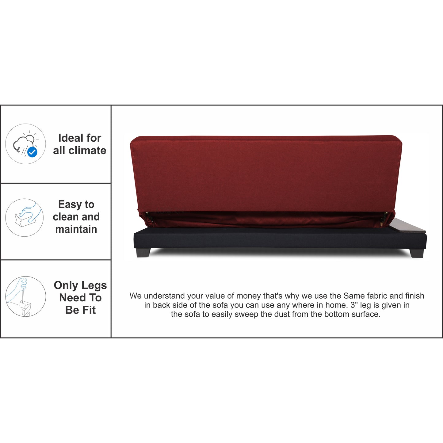Adorn India Exclusive Two Tone Blake Three Seater Sofa Cum Bed (Maroon & Black), Wood, Foam