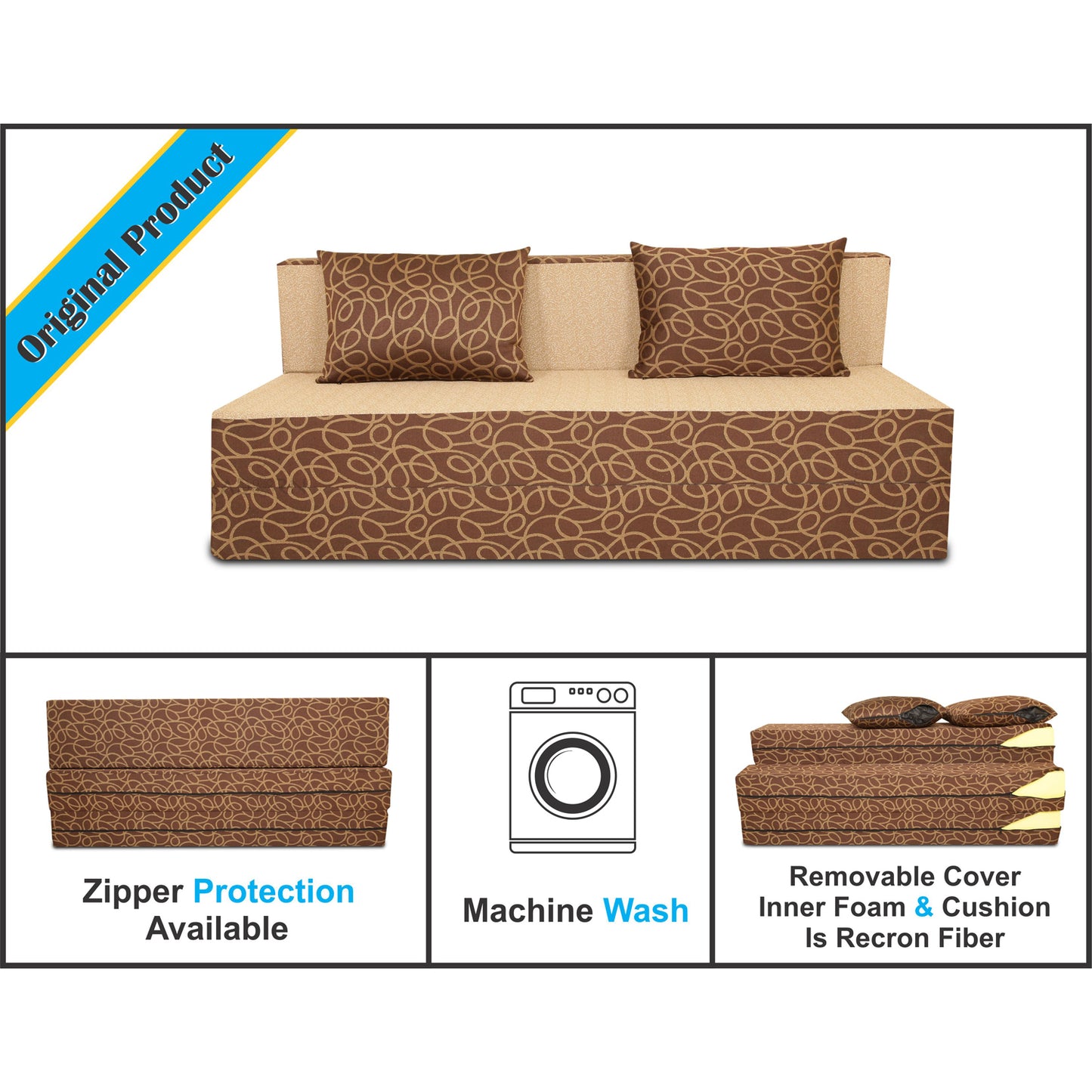 Adorn India Easy Three Seater Sofa Cum Bed Poly Cotton (Brown and Beige) (6 x 6)