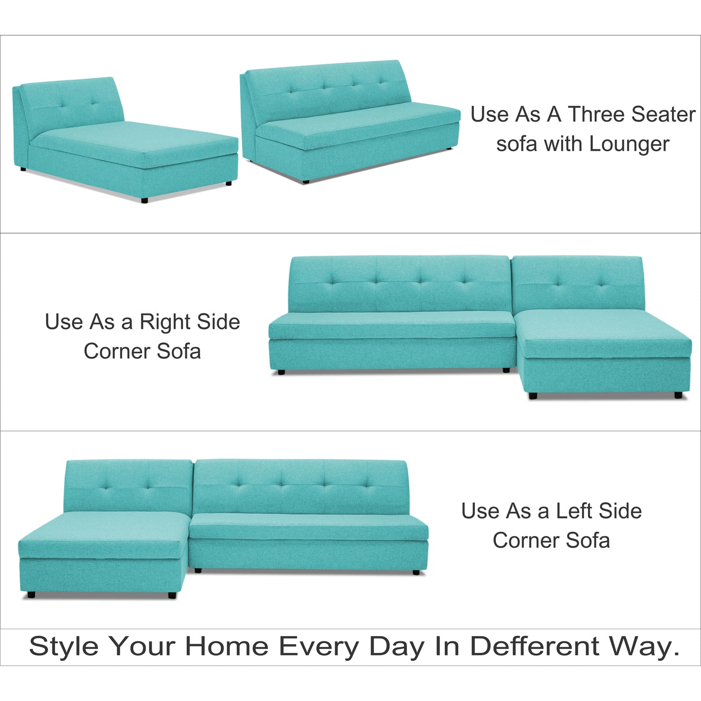 Adorn India Atlas Modular Sofa Set (Aqua Blue) (3 Year Warranty)
