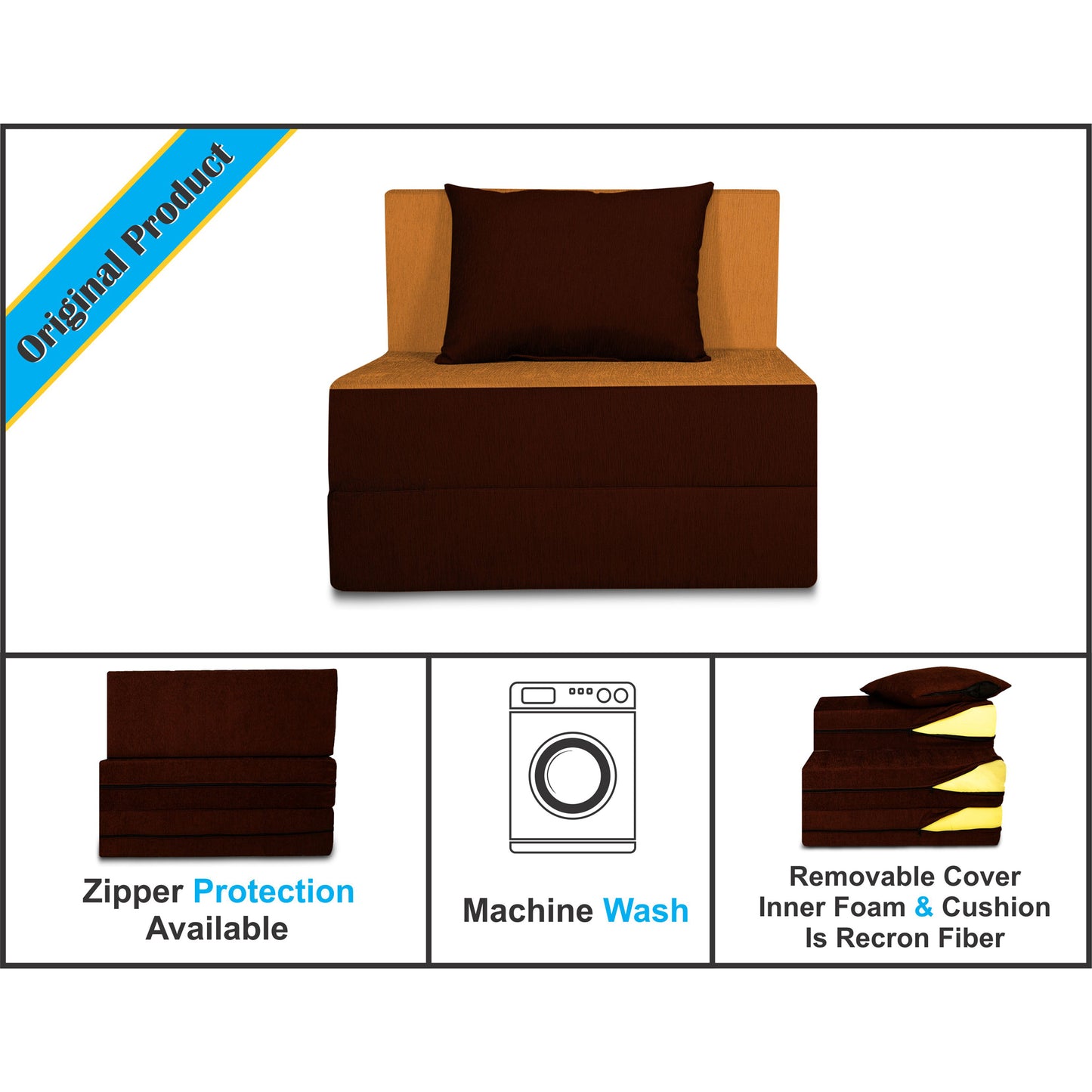 Adorn IndiaEasy 2 Seater Sofa Cum Bed (3 Years Warrenty Quality Foam)-Perfect for Seat & Sleep Washeble Polyster Fabric Cover (Camel & Brown) 3'x6'.Pillows Free (1 Year Warranty)