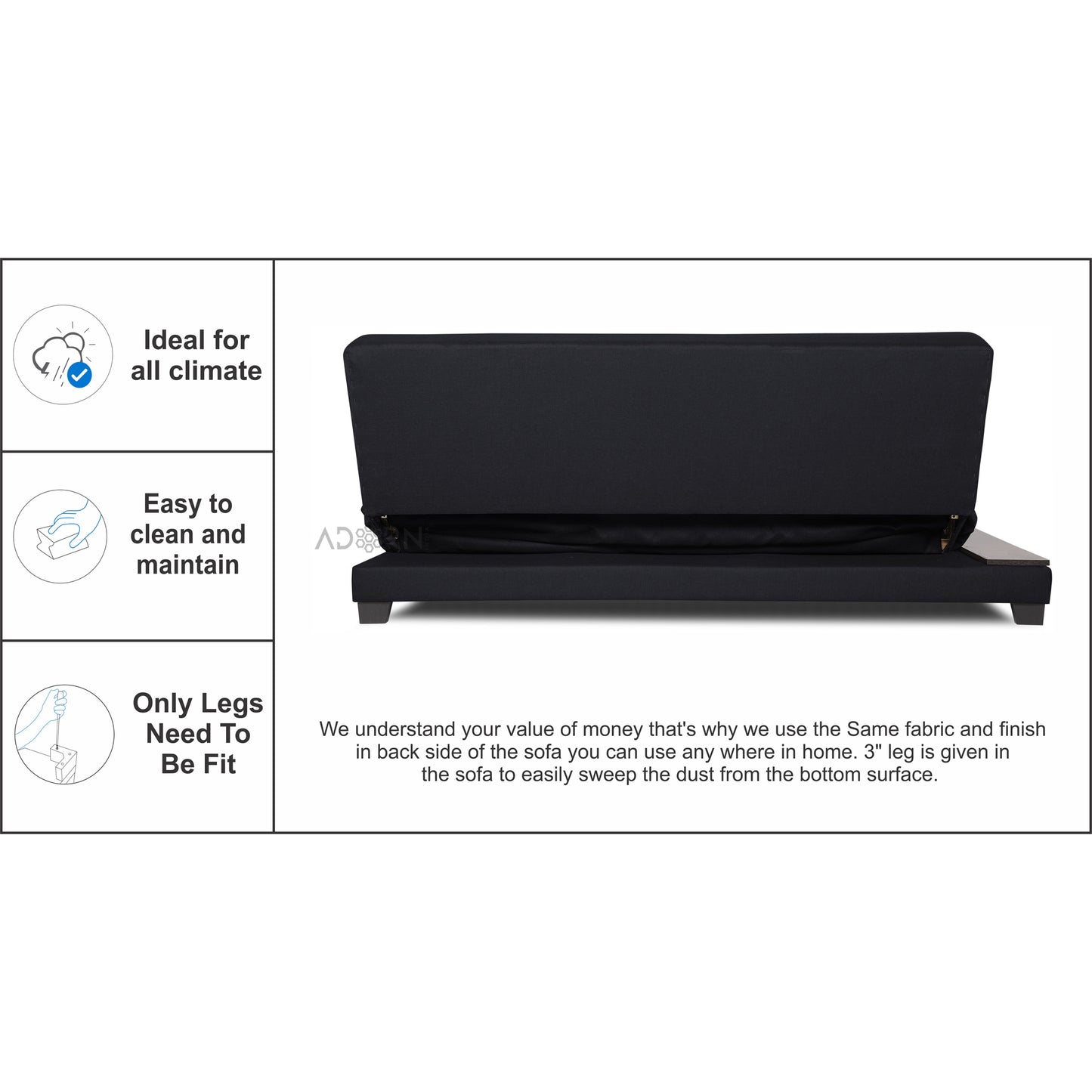 Adorn India Blake 3 Seater Sofa Cum Bed (Black), Wood, Foam