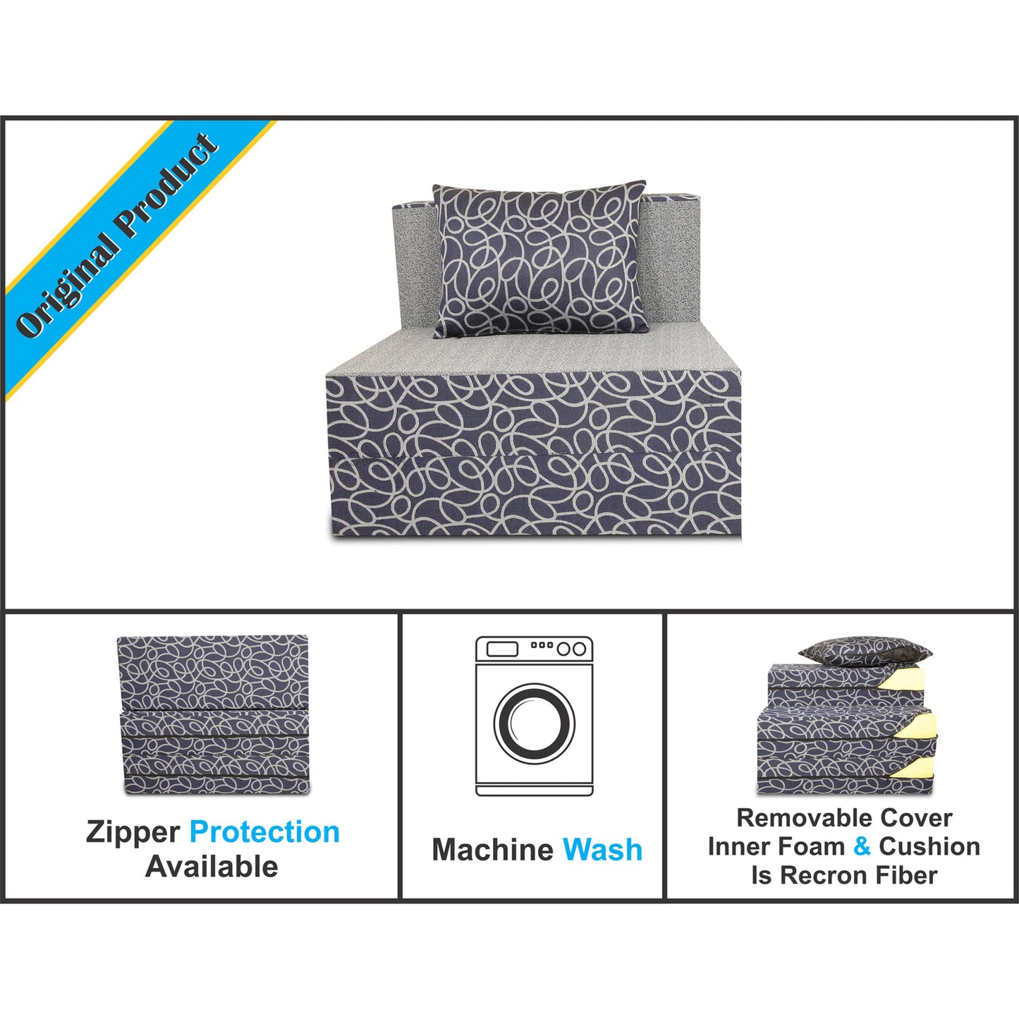 Adorn India Easy Single Seater Sofa Cum Bed Poly Cotton 3'X6' (Blue and Grey)