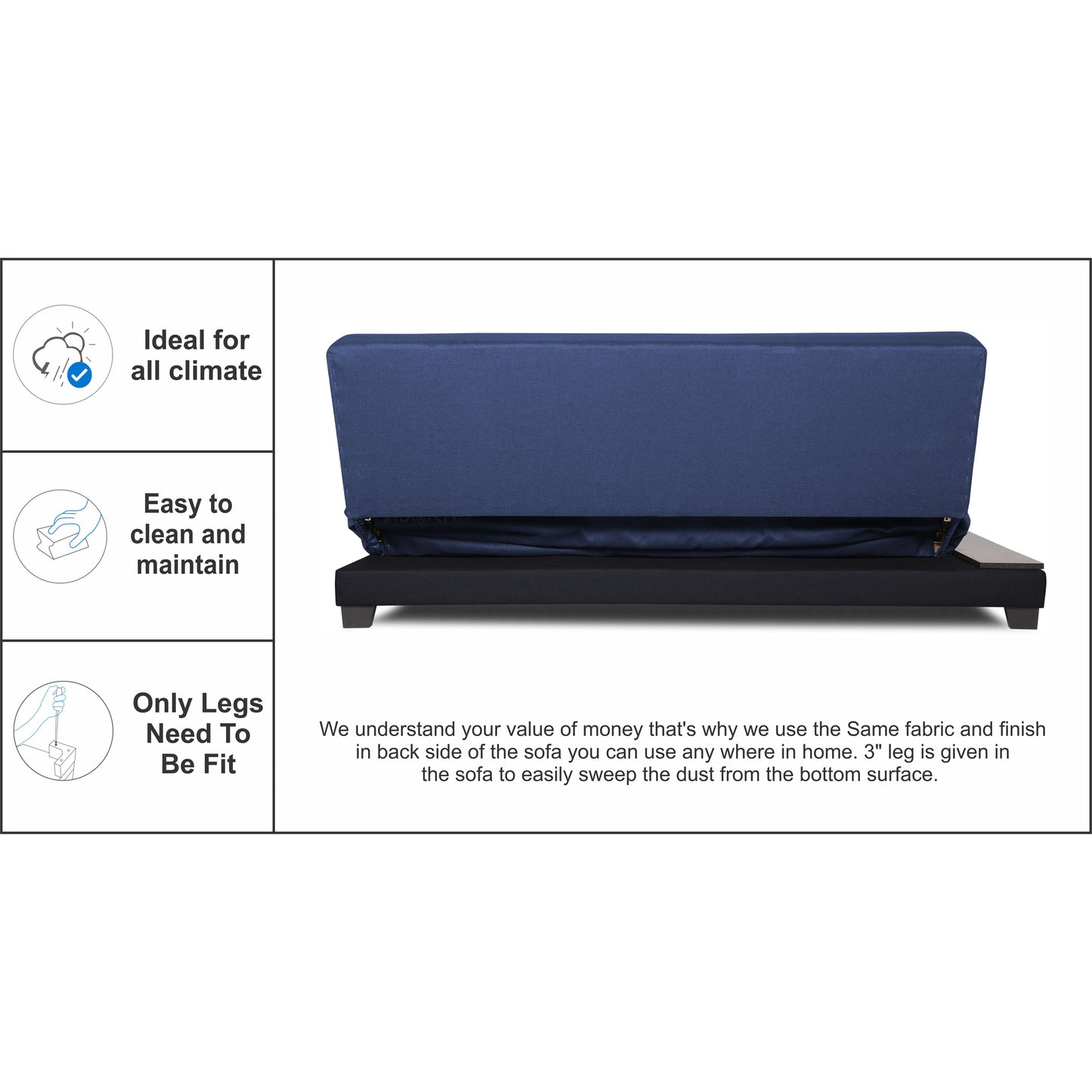 Adorn India Exclusive Two Tone Blake Three Seater Sofa Cum Bed (Blue & Black), Wood, Foam
