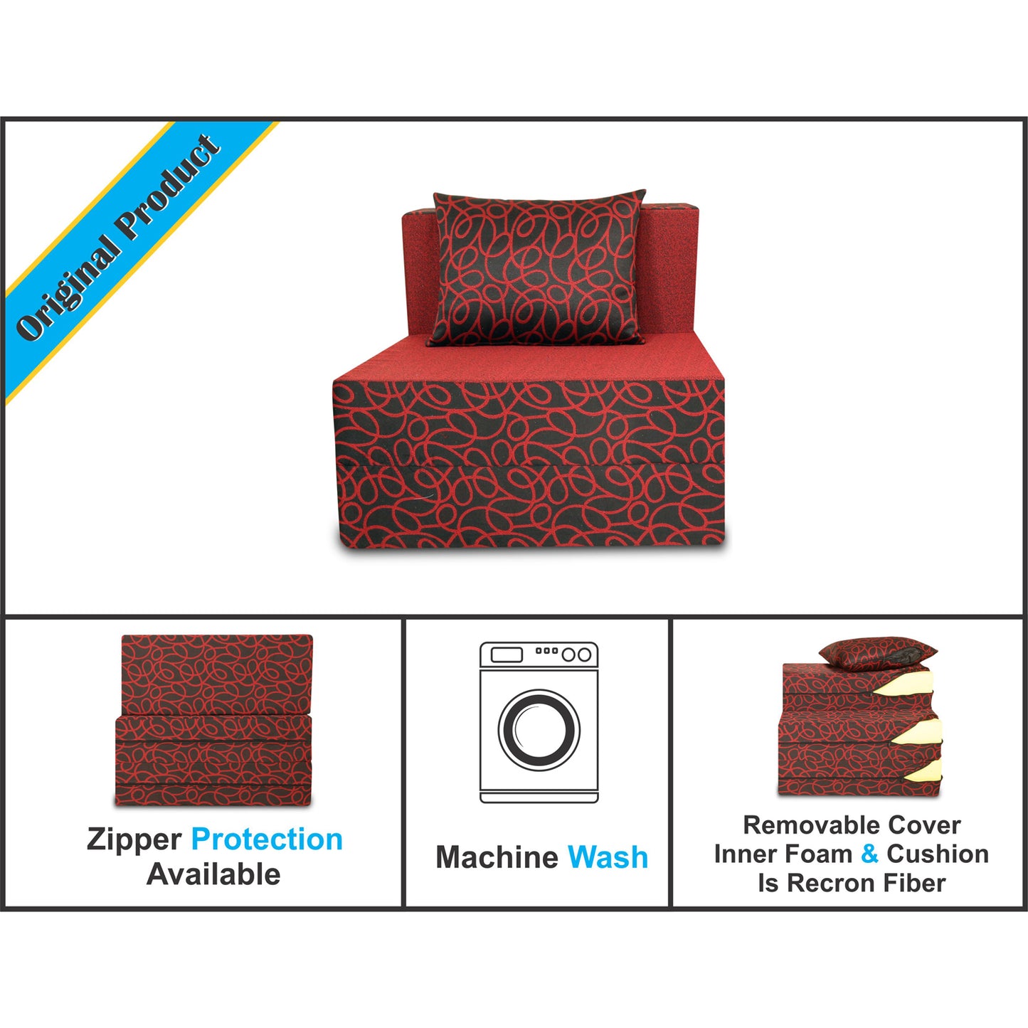 Adorn India Easy 1 Seater Sofa Cum Bed Poly Cotton (Maroon and Black) (3 x 6) (1 Year Warranty)