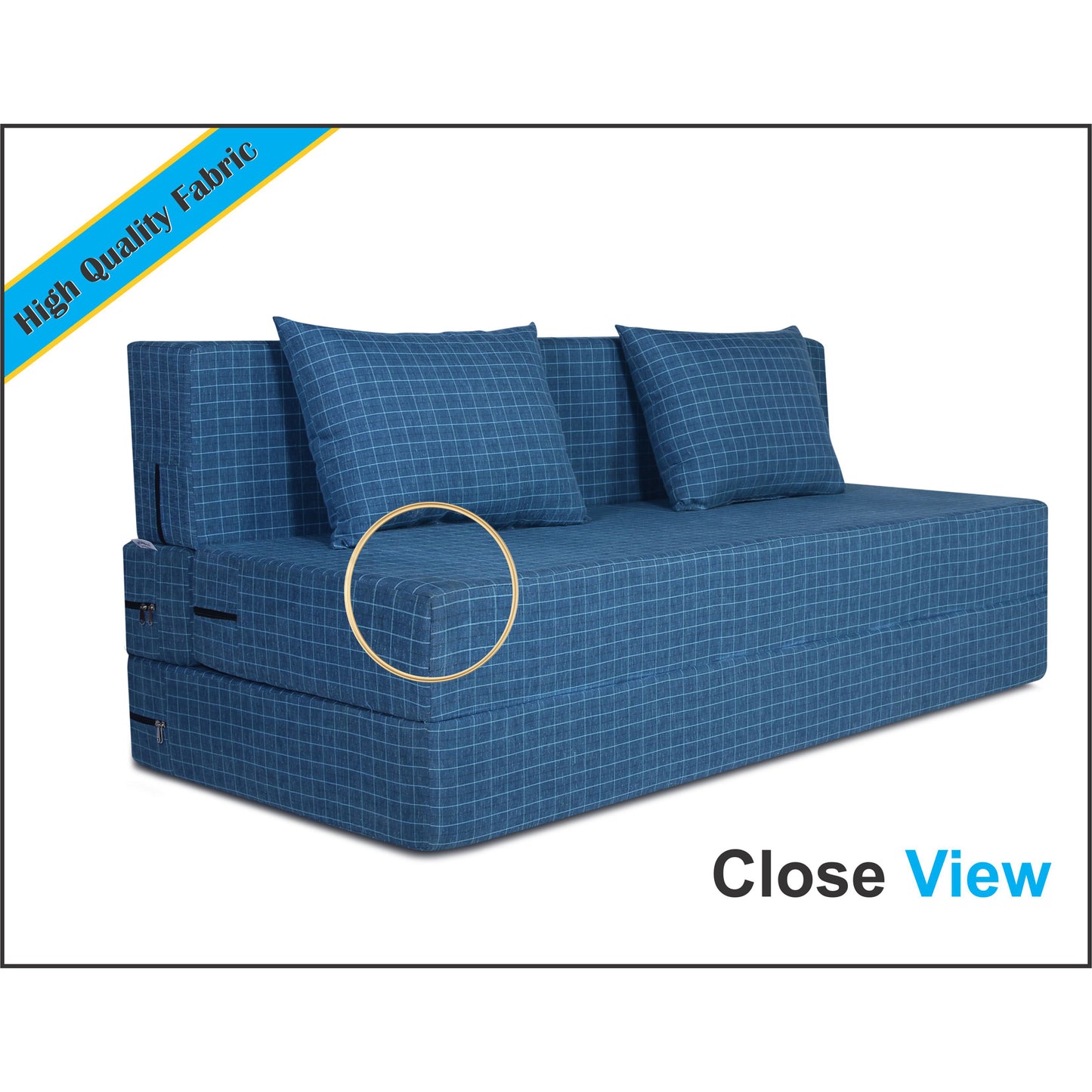 Adorn India Easy Three Seater Sofa Cum Bed Checks Design 6' x 6' (Blue)