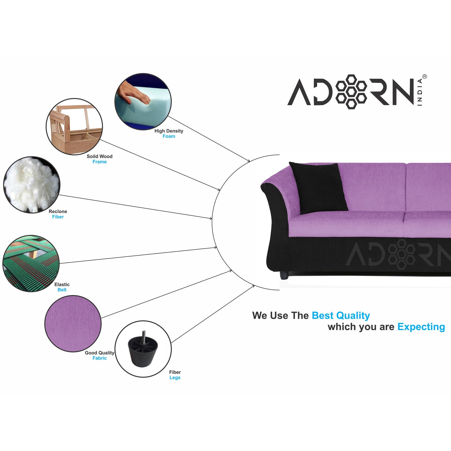 Adorn India Acura 3 Seater Sofa(Light Purple & Black)