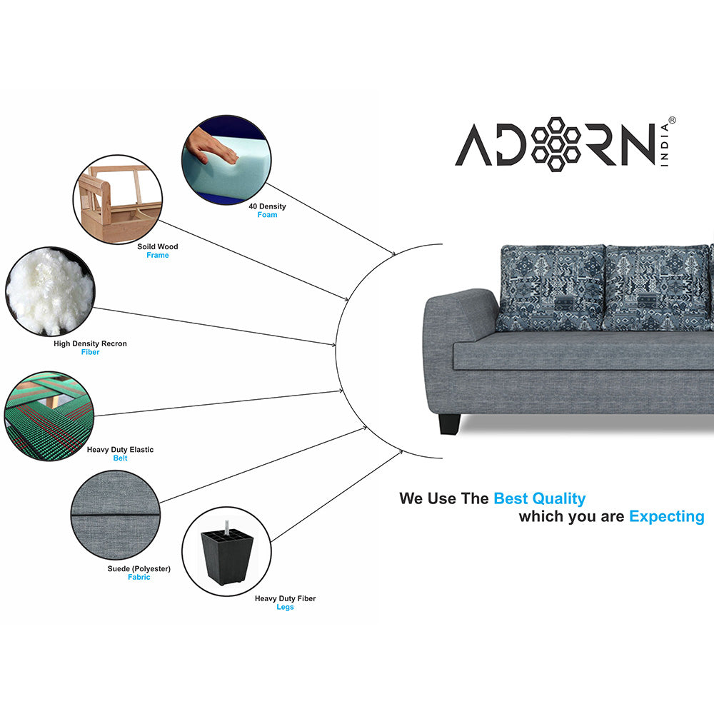 Adorn India Raiden Crafty L Shape 6 Seater Sofa Set with Center Table (Right Hand Side) (Grey) (3 Year Warranty)