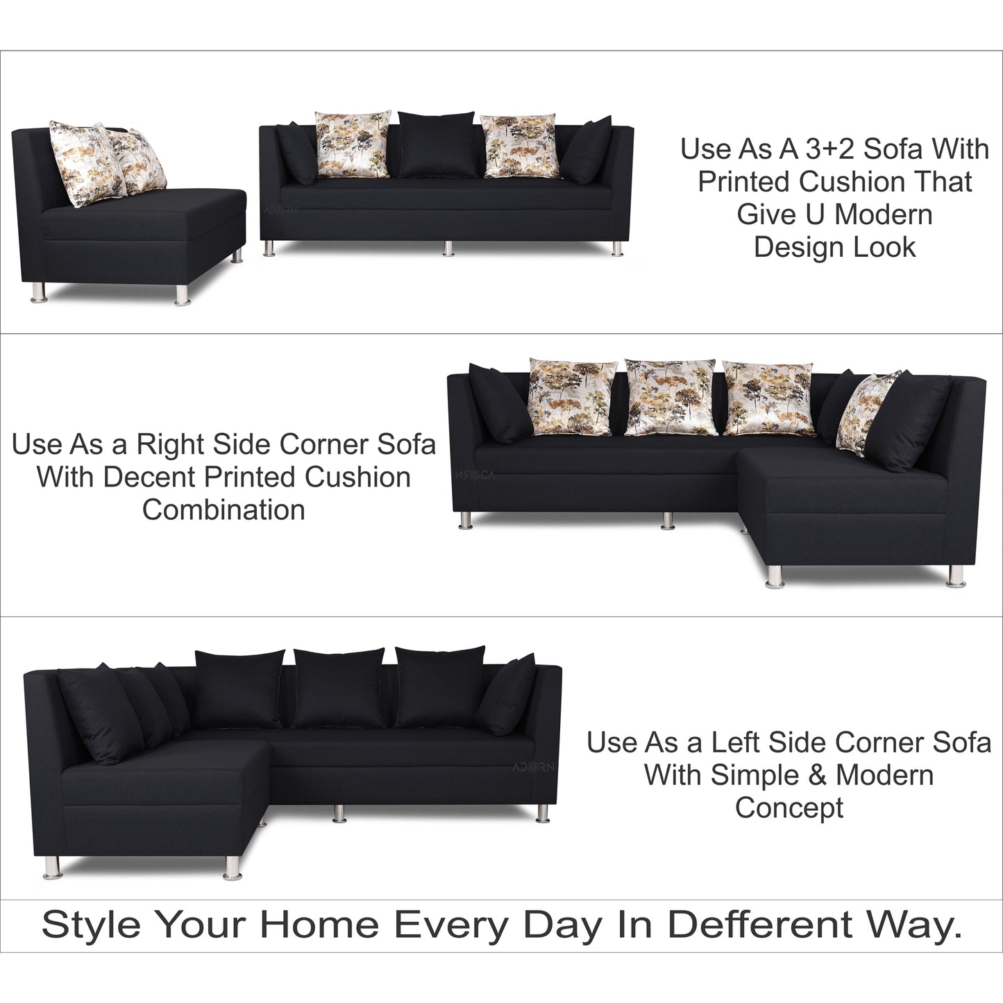 Adorn India Alica Modular Sofa Set(Black)