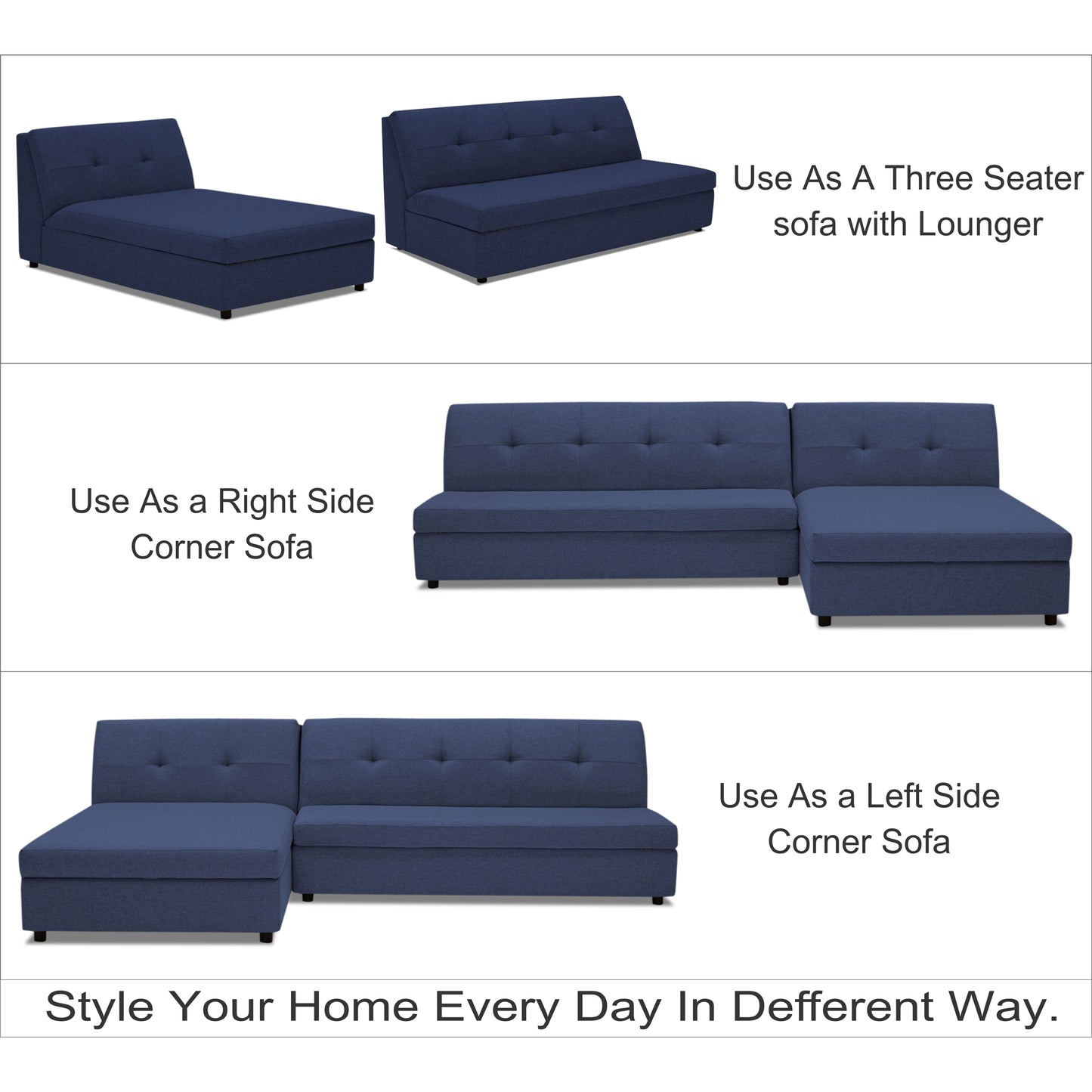 Adorn India Atlas Modular Sofa Set (Dark Blue)(3 Year Warranty)