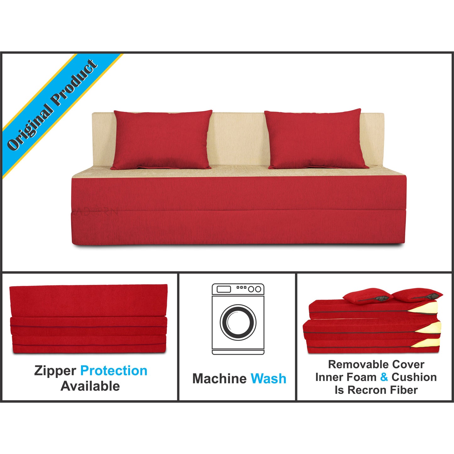 Adorn India Easy 4 Seater Sofa Cum Bed (2 Years Warrenty Quality Foam)-Perfect for Seat & Sleep Washeble Polyster Fabric Cover (Red & Beige) 6'x6'.Pillows Free (1 Year Warranty)