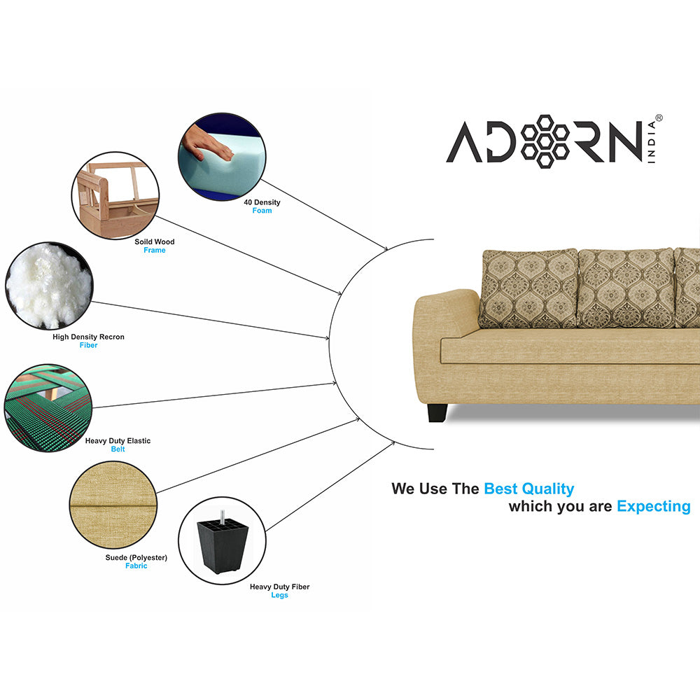 Adorn India Raiden Damask L Shape 6 Seater Sofa Set with Center Table (Right Hand Side) (Beige) (3 Year Warranty)