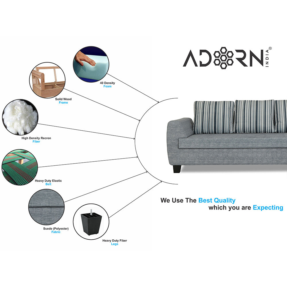 Adorn India Raiden Stripes L Shape 6 Seater Sofa Set with Center Table (Right Hand Side) (Grey) (3 Year Warranty)