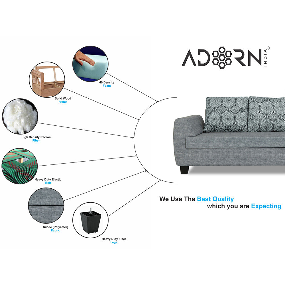 Adorn India Raiden Damask L Shape 6 Seater Sofa Set with Center Table (Right Hand Side) (Grey) (3 Year Warranty)