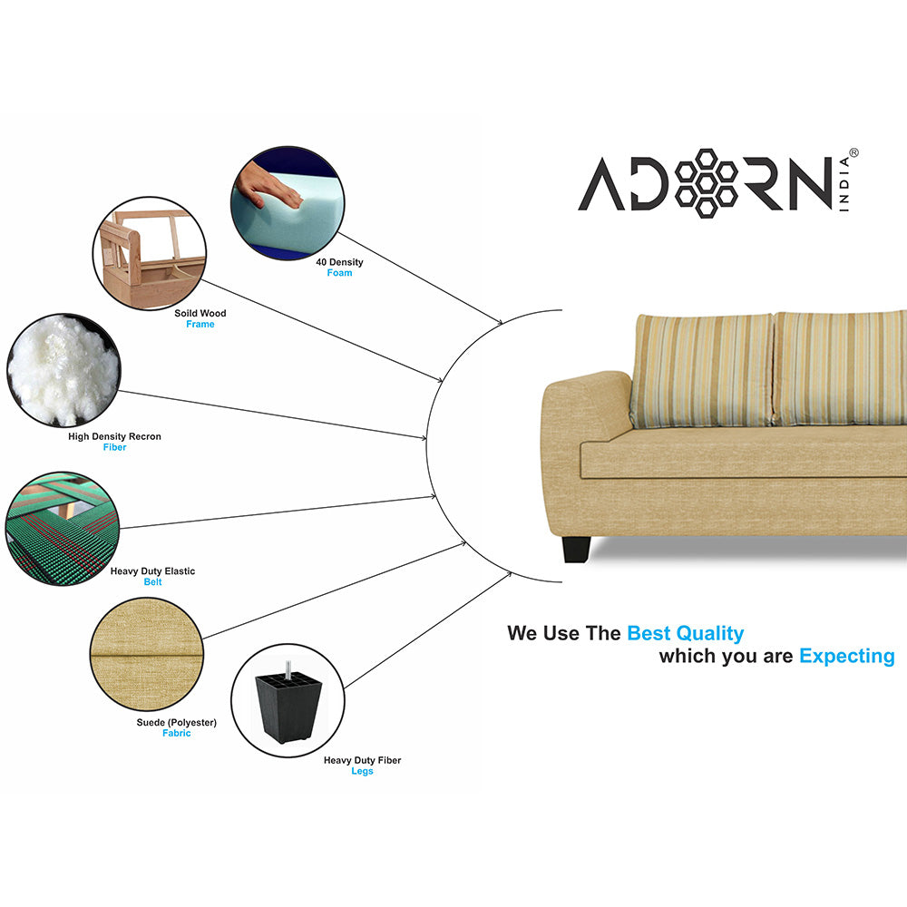 Adorn India Raiden Stripes L Shape 6 Seater Sofa Set with Center Table (Right Hand Side) (Beige) (3 Year Warranty)