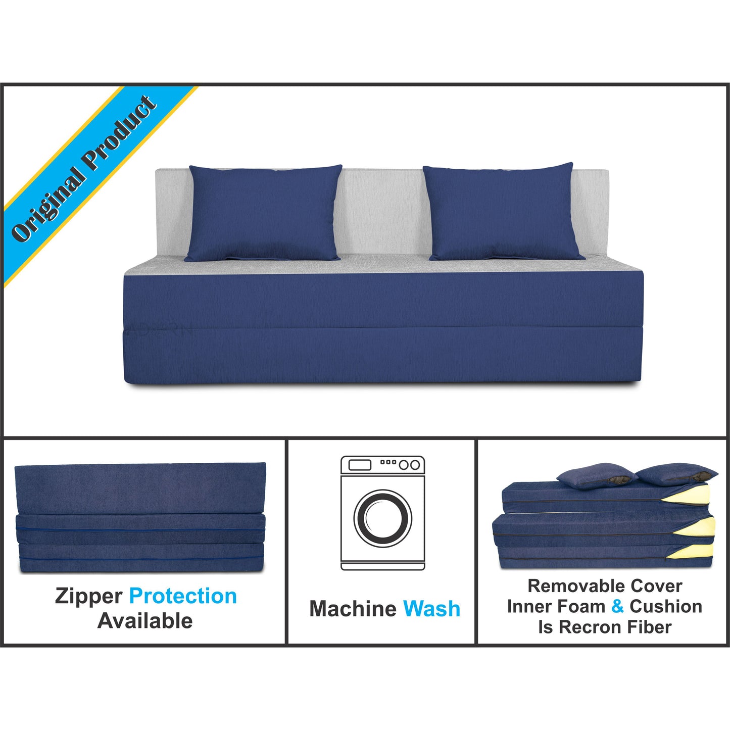 Adorn India Easy 3 Seater Sofa Cum Bed (Blue and Grey) (5x6) (1 Year Warranty)