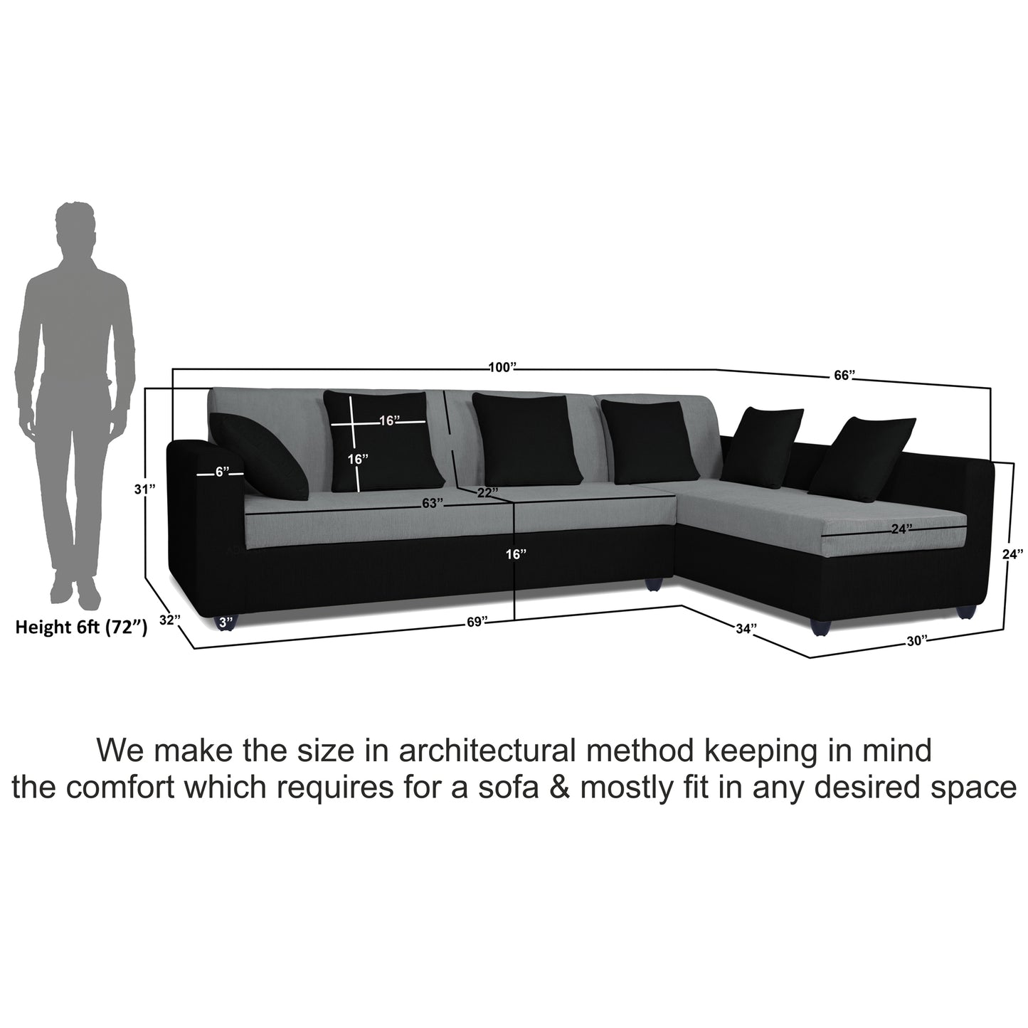 Adorn India Rio Decent L Shape 6 Seater corner Sofa Set (Right Side Handle) (Grey & Black)