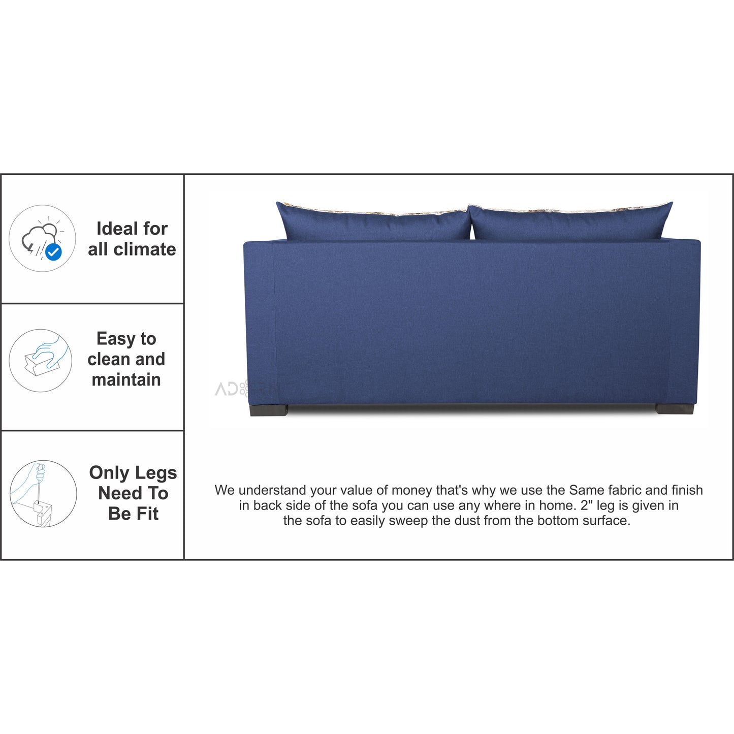 Adorn India Straight line 3 Seater Sofa Cum Bed (Blue), Wood, Foam