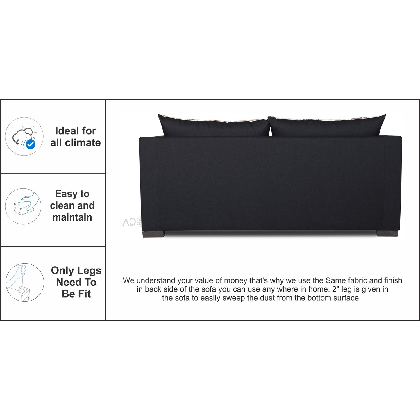Adorn India Straight line 3 Seater Sofa Cum Bed (Black), Wood, Foam