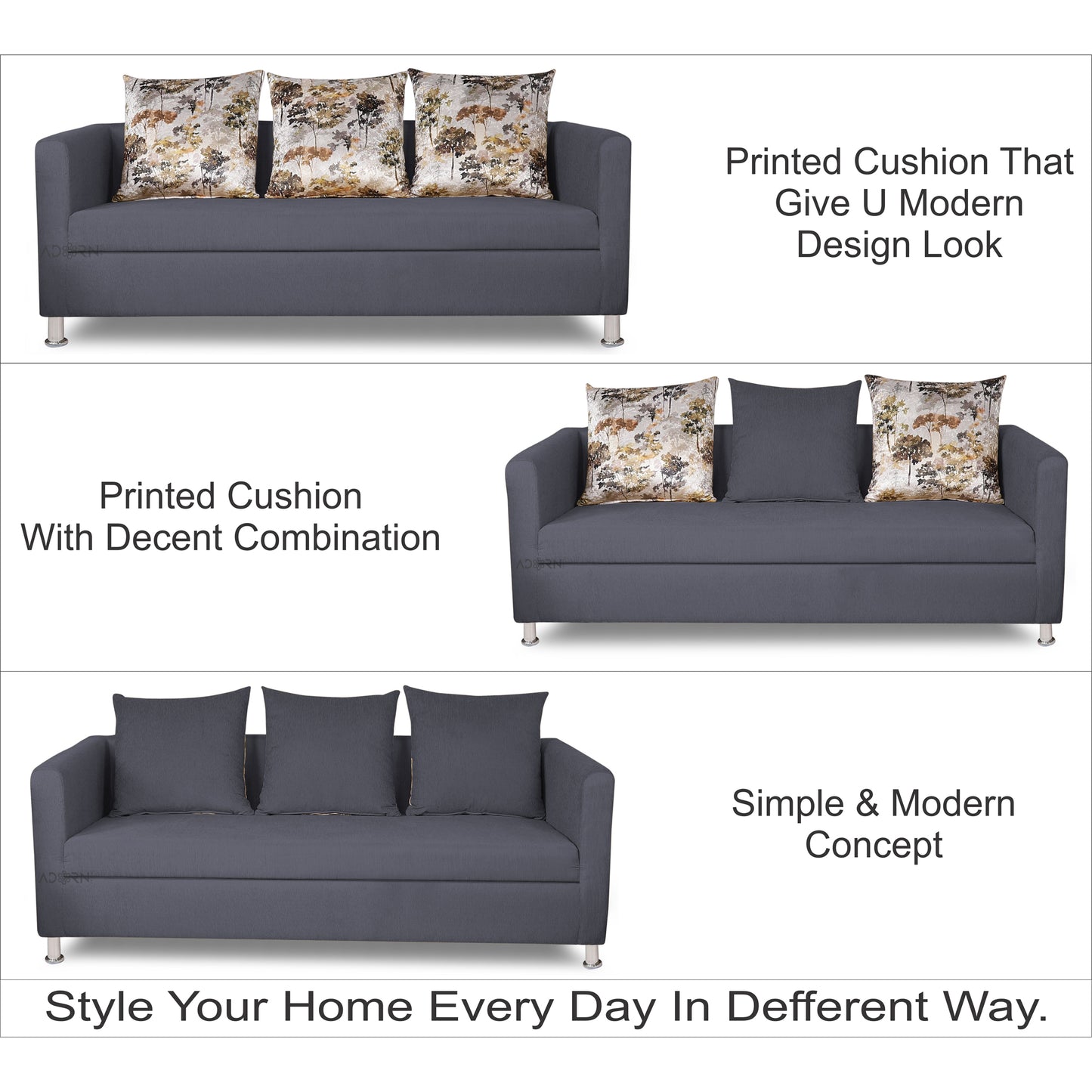 Adorn India Alita 3 Seater Compact Sofa (Dark Grey)