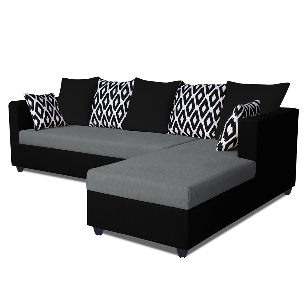 Adorn India Zink Straight line L Shape 6 Seater Sofa Rhombus Cushion(Grey & Black)