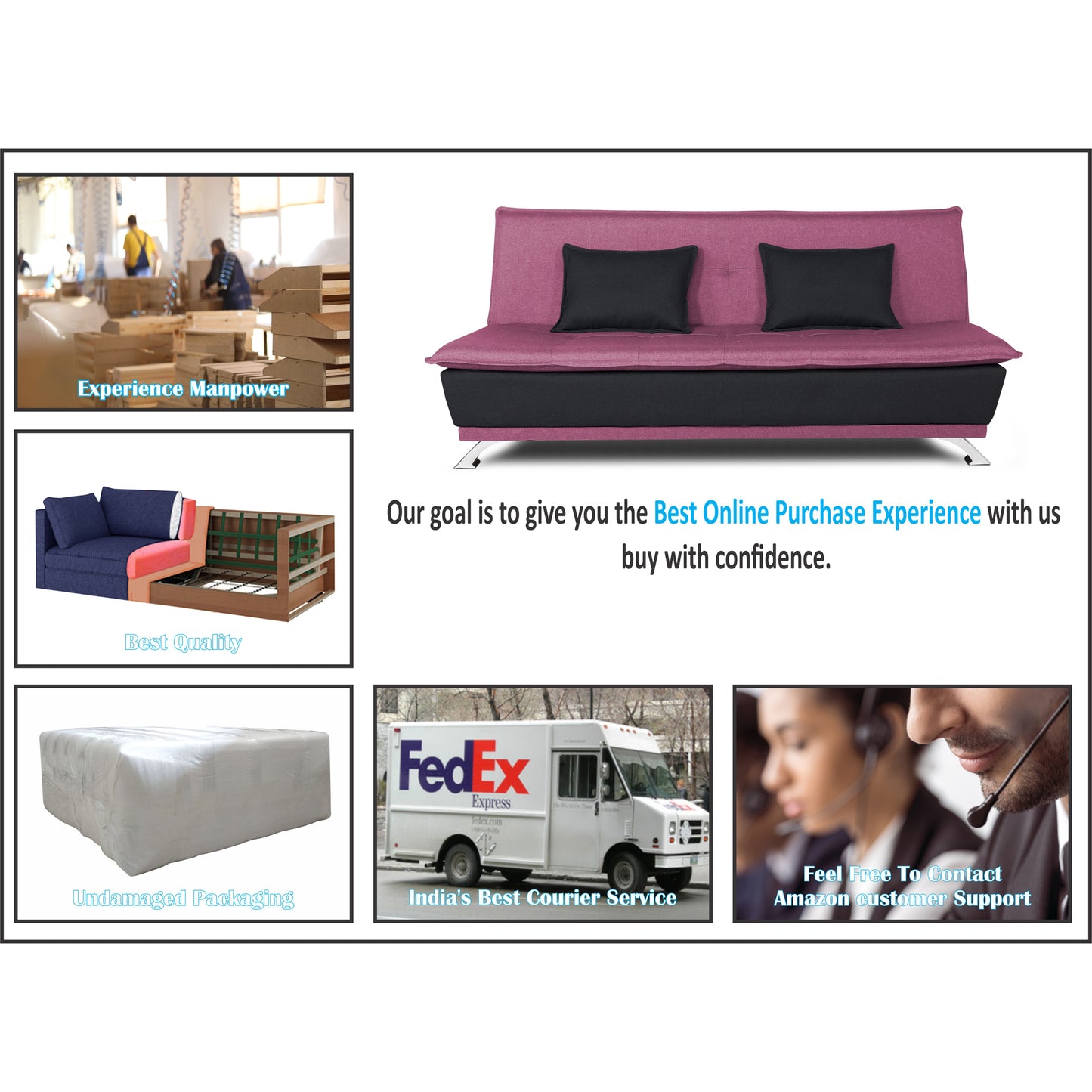 Adorn India Exclusive Two Tone Arden 4 Seater Sofa Cum Bed 4 x 6 (Light Purple & Black) (3 Year Warranty)