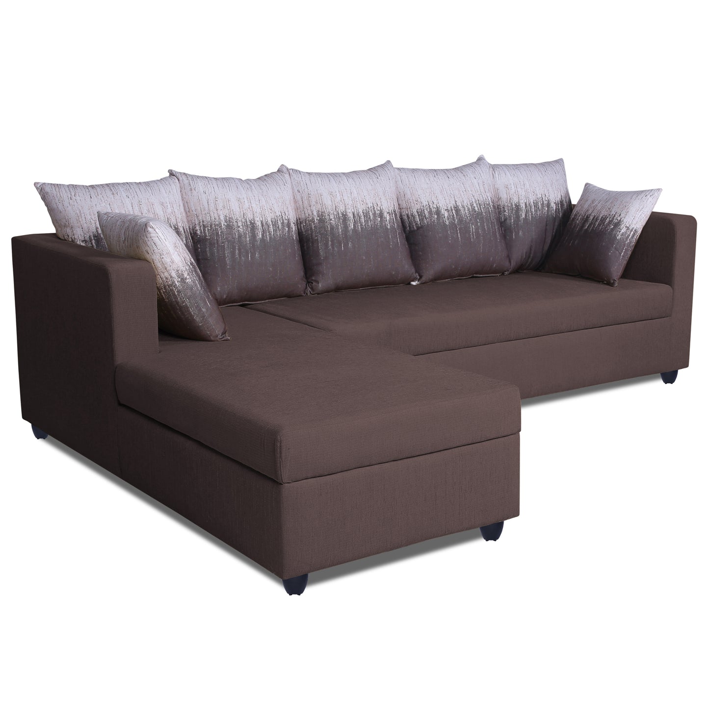 Adorn India Zink Straight line L Shape 6 Seater Sofa Wave Cushion (Left Side Handle)(Brown)