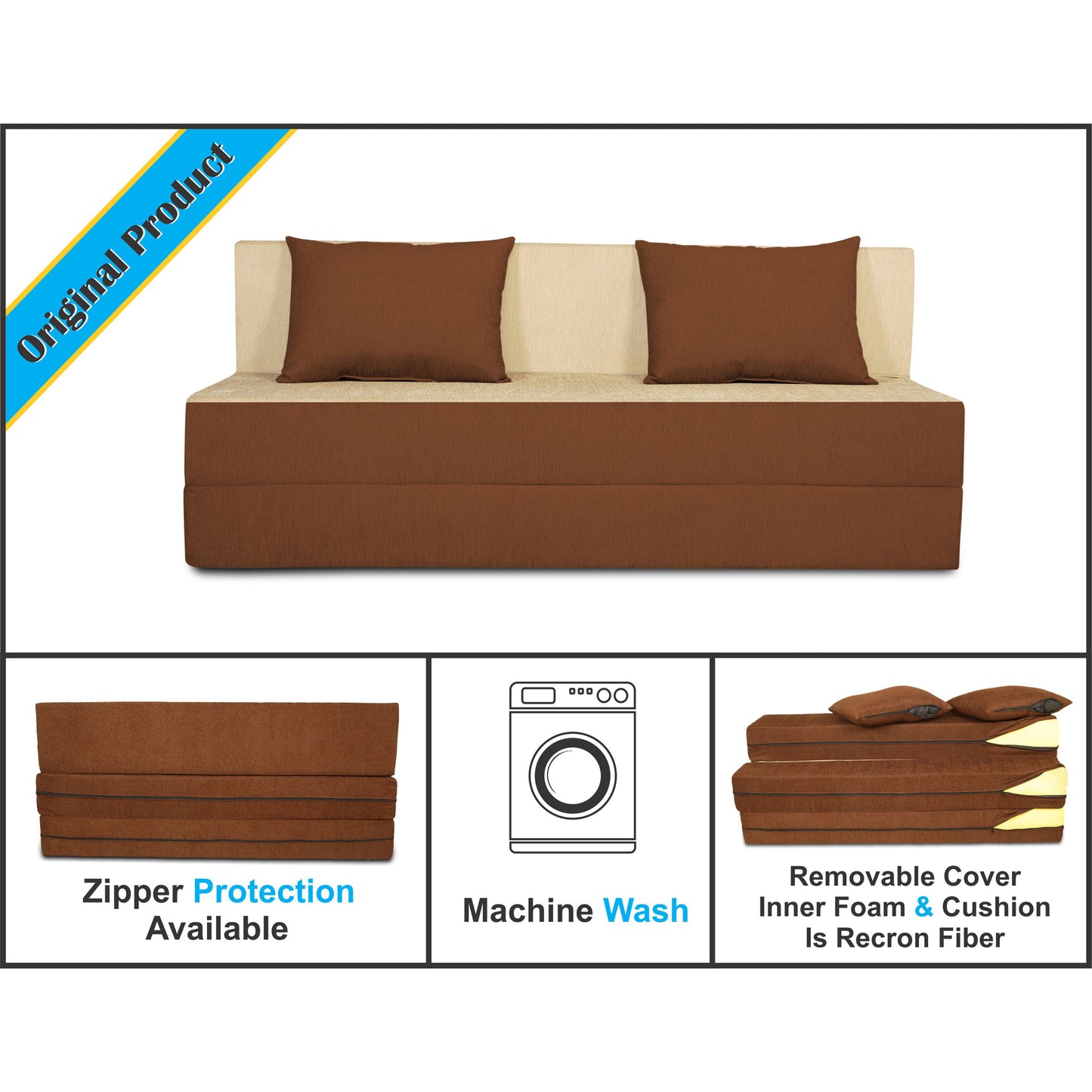 Adorn India Easy 3 Seater Sofa Cum Bed (Brown and Beige) (5x6) (1 Year Warranty)