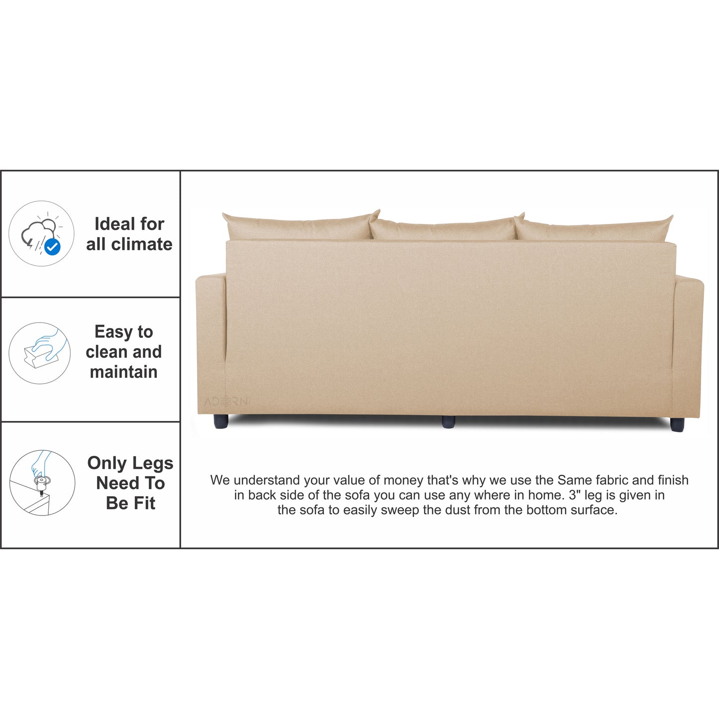 Adorn India New Straight Line Three Seater Sofa(Beige)