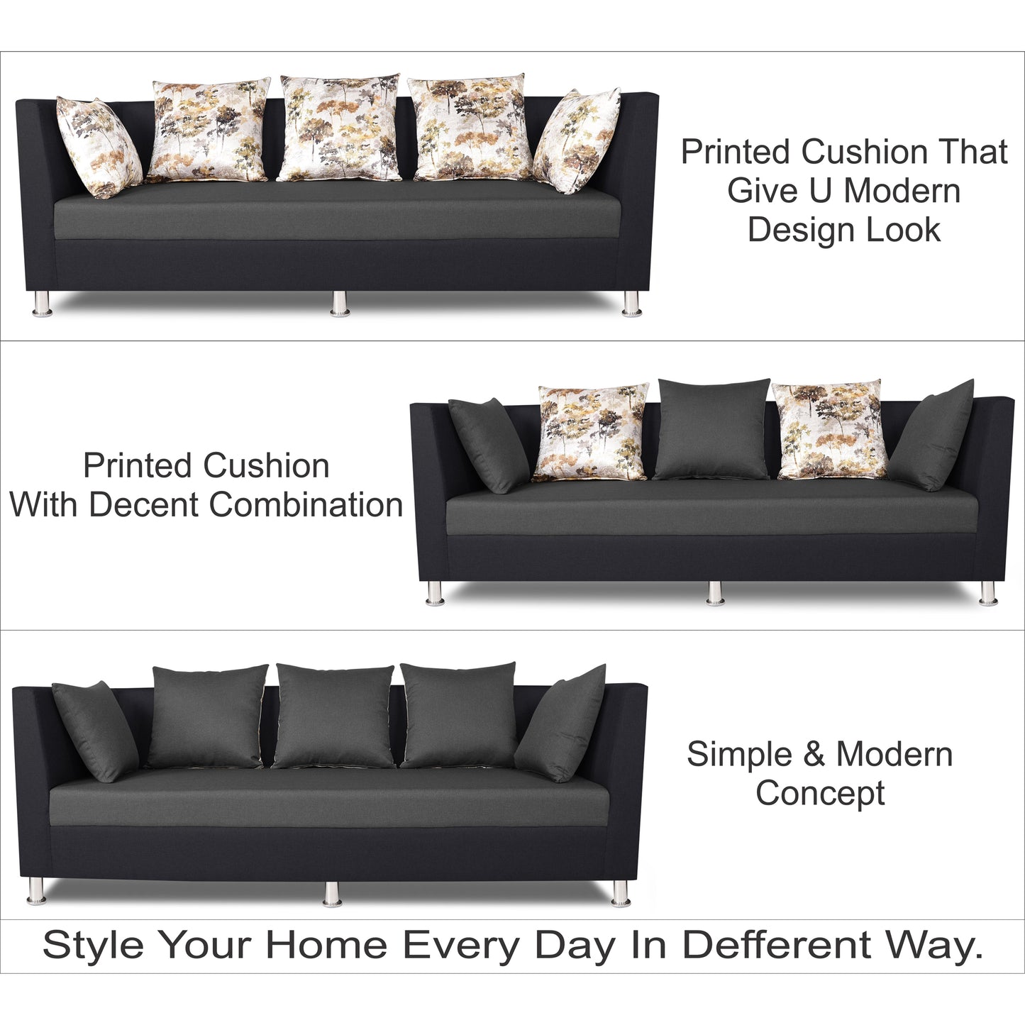 Adorn India Exclusive Two Tone Alica 3-1-1 Five Seater Sofa Set (Dark Grey & Black), Wood, Foam