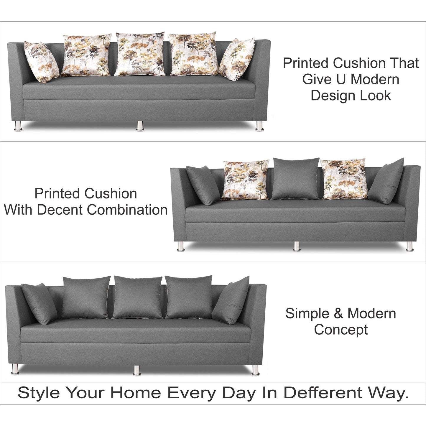 Adorn India Alica 3 Seater Sofa (Light Grey), Wood, Foam