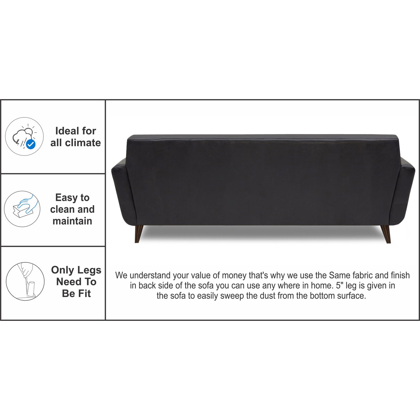 Adorn India Exclusive Alexus Leaterette Three Seater Sofa (Black)