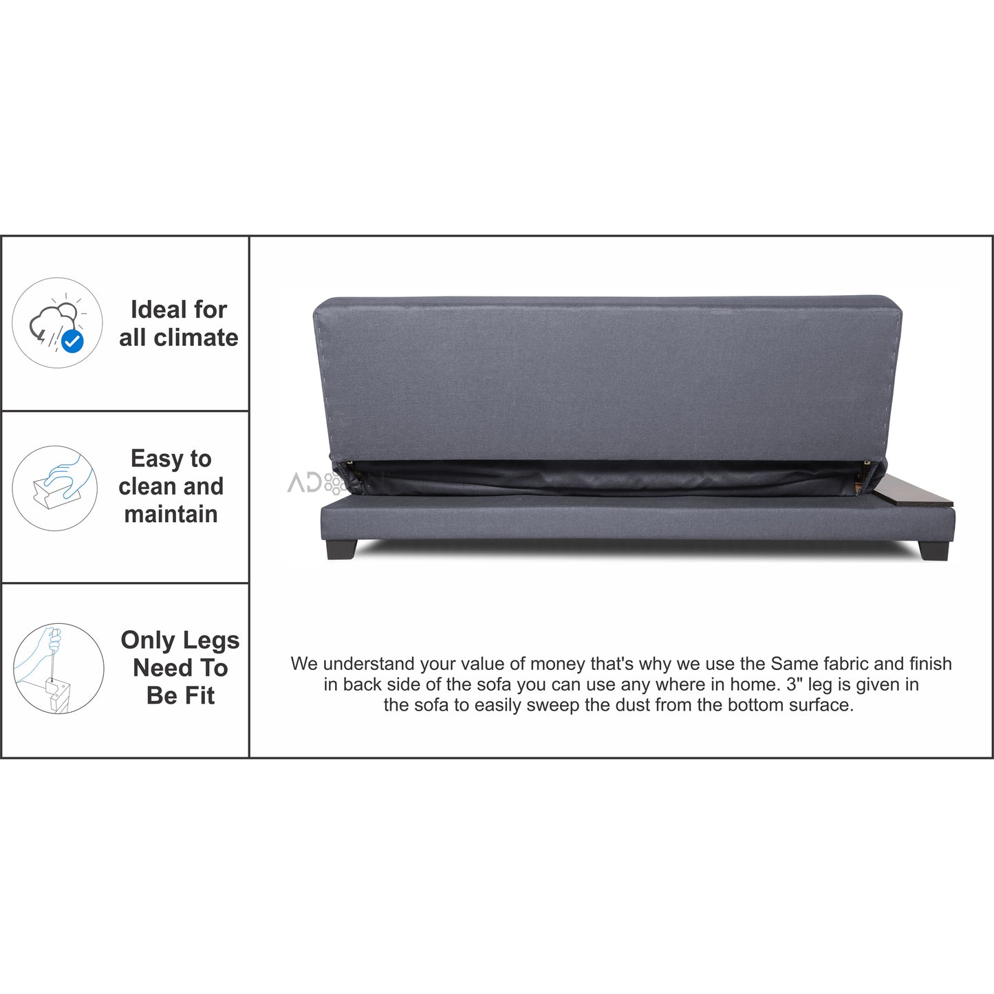 Adorn India Blake 3 Seater Sofa Cum Bed (Dark Grey), Wood, Foam