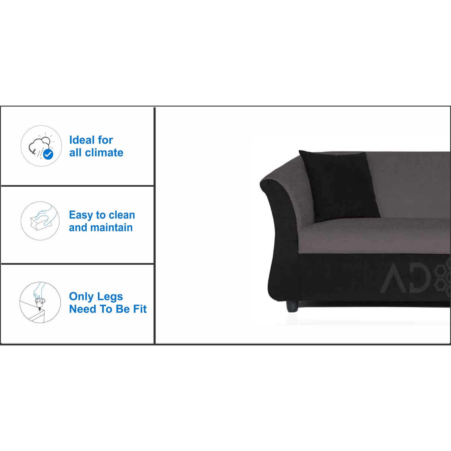 Adorn India Acura 3 Seater Sofa (Grey & Black)