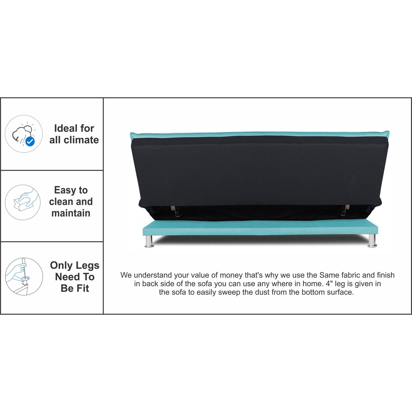 Adorn India Exclusive Two Tone Arden 4 Seater Wood Sofa Cum Bed 4 x 6 (Aqua Blue & Black) (3 Year Warranty)