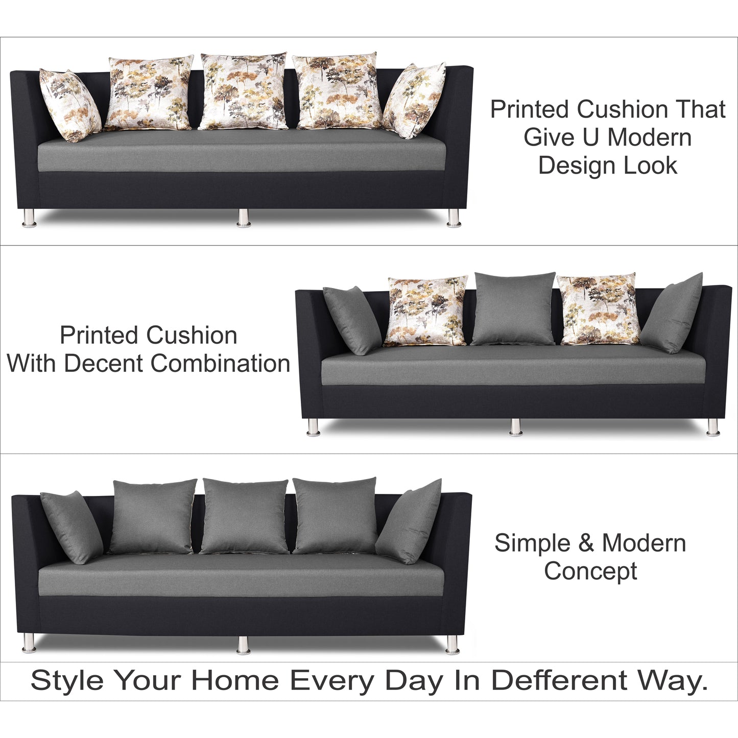 Adorn India Exclusive Two Tone Alica 3-1-1 Five Seater Sofa Set (Wood & Fabric, Light Grey & Black)