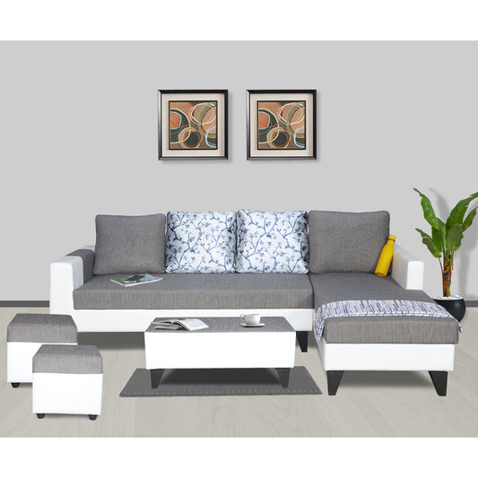 Adorn India Ashley L Shape Digitel Print Leatherette Fabric Sofa Set 8 Seater with 2 Ottoman Puffy & Center Table (Right Side) (Grey)