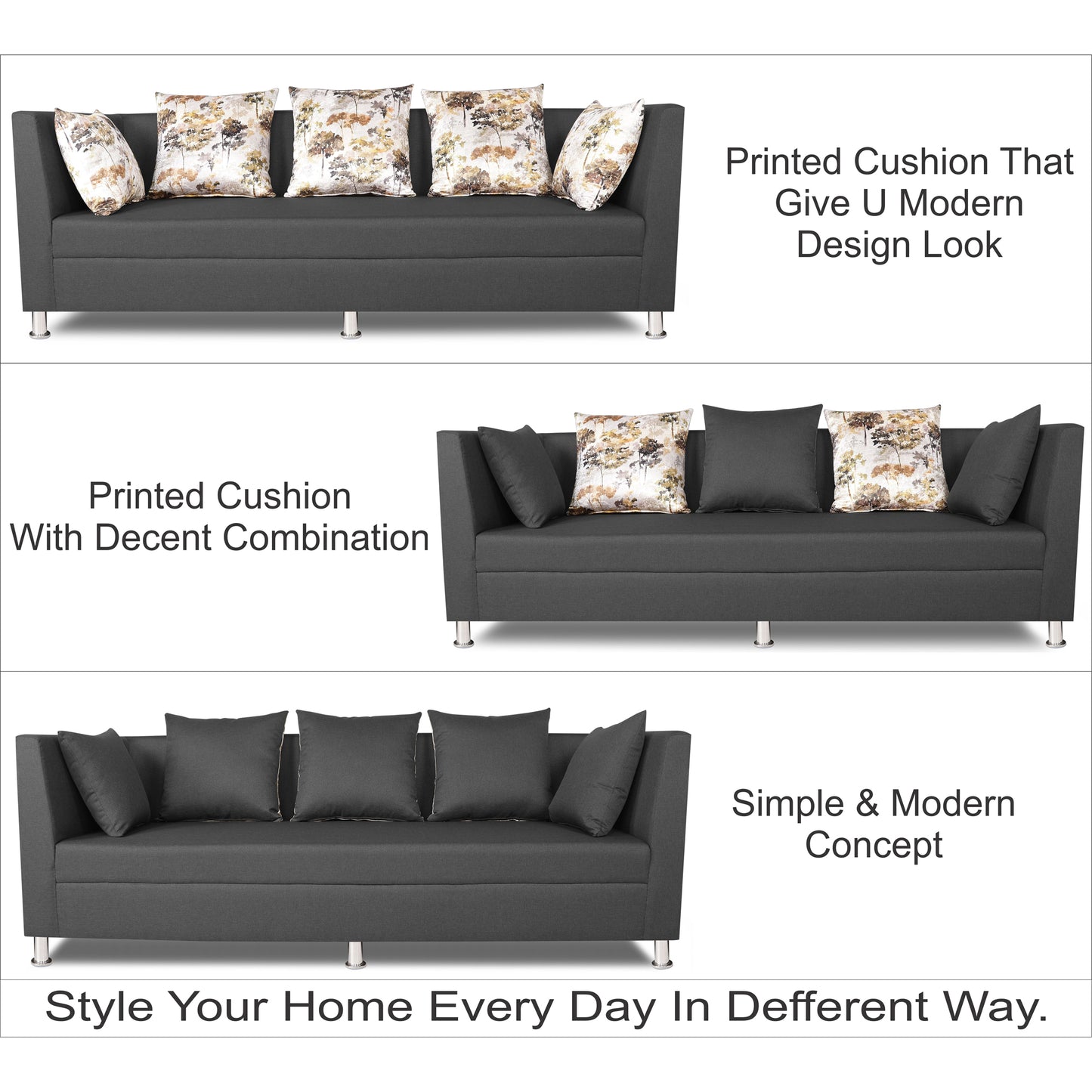 Adorn India Alica 3-1-1 5 Seater Sofa Set(Dark Grey)