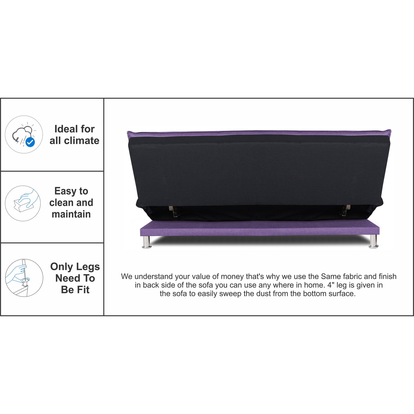 Adorn India Exclusive Two Tone Arden 4 Seater Sofa Cum Bed 4 x 6 (Dark Purple & Black) (3 Year Warranty)