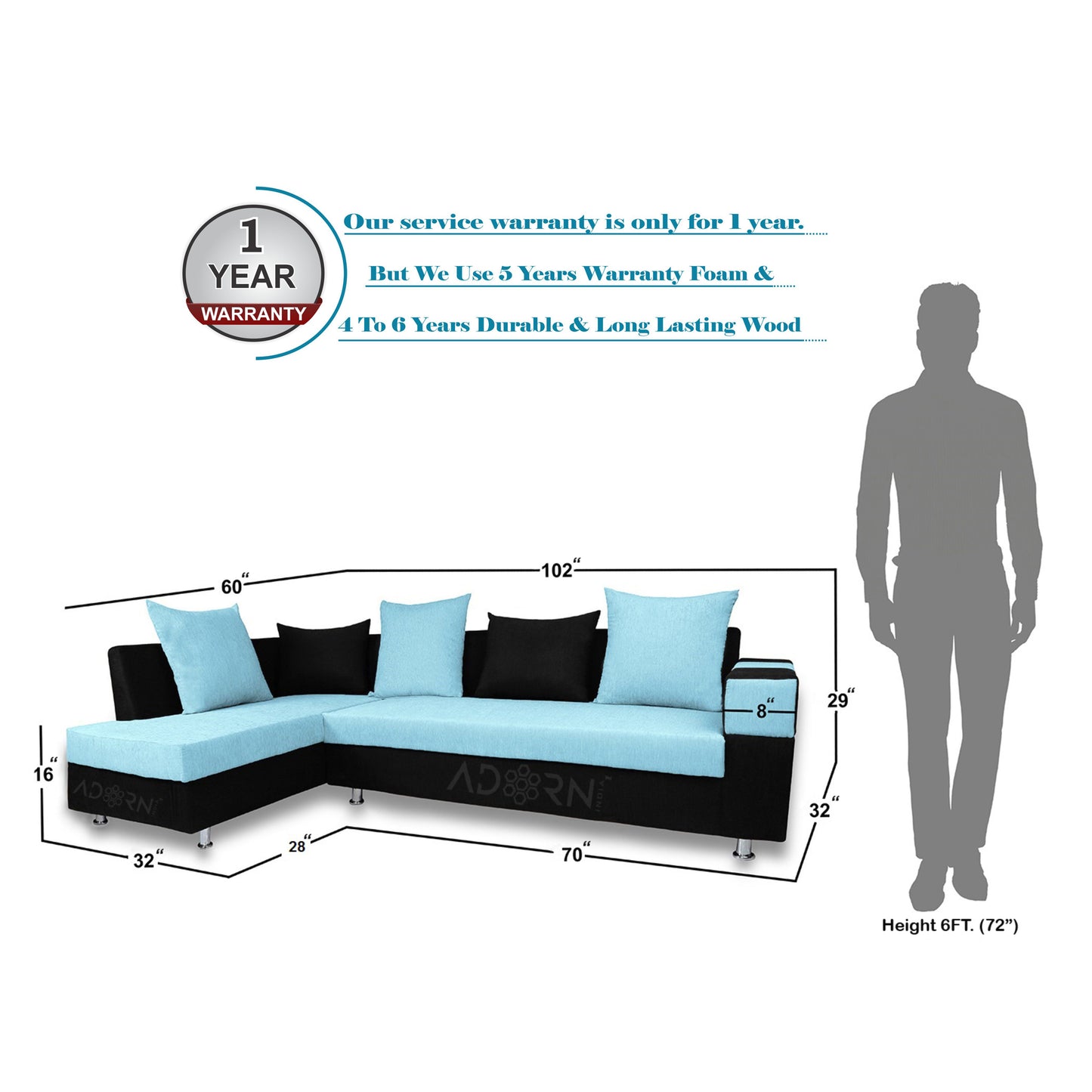 Adorn India Adillac 6 Seater Corner Sofa(Left Side Handle)(Light Blue & Black)