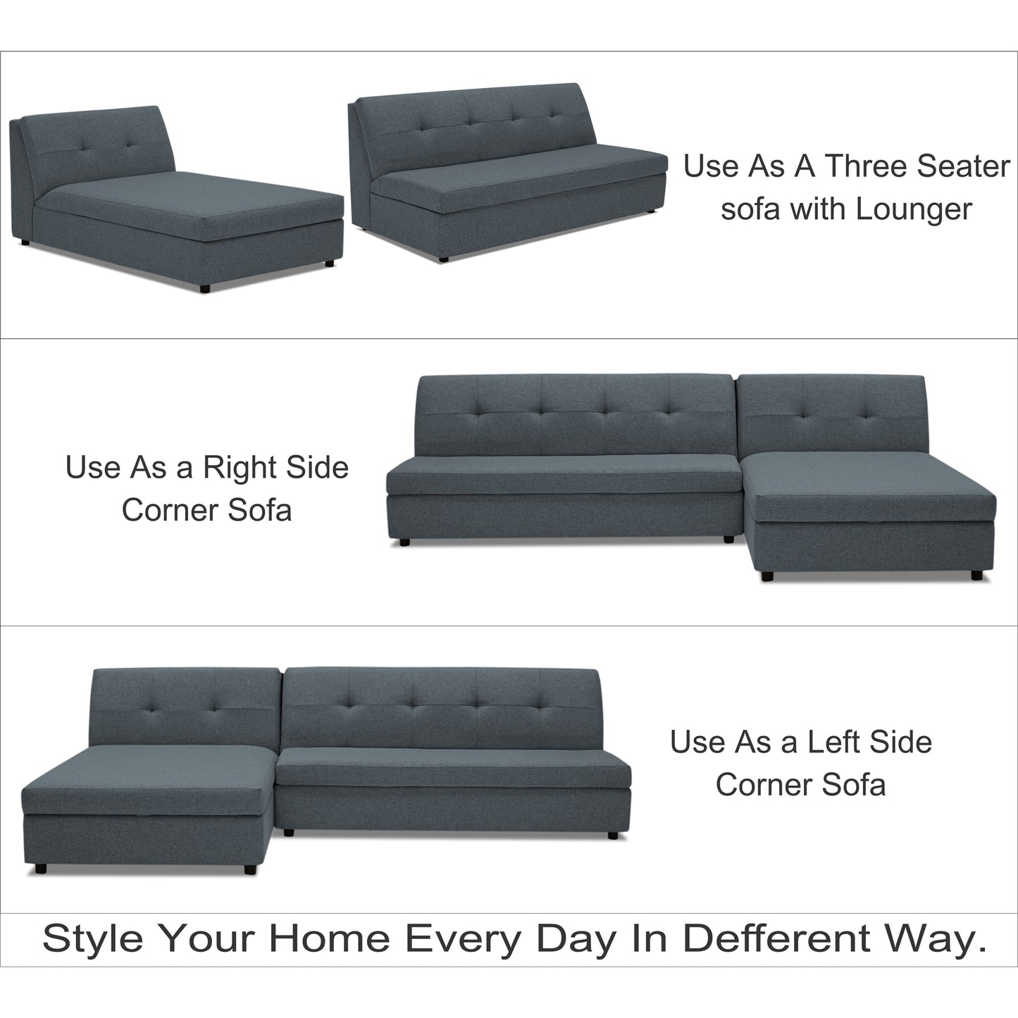 Adorn India Atlas Modular Sofa Set (Dark Grey)(3 Year Warranty)