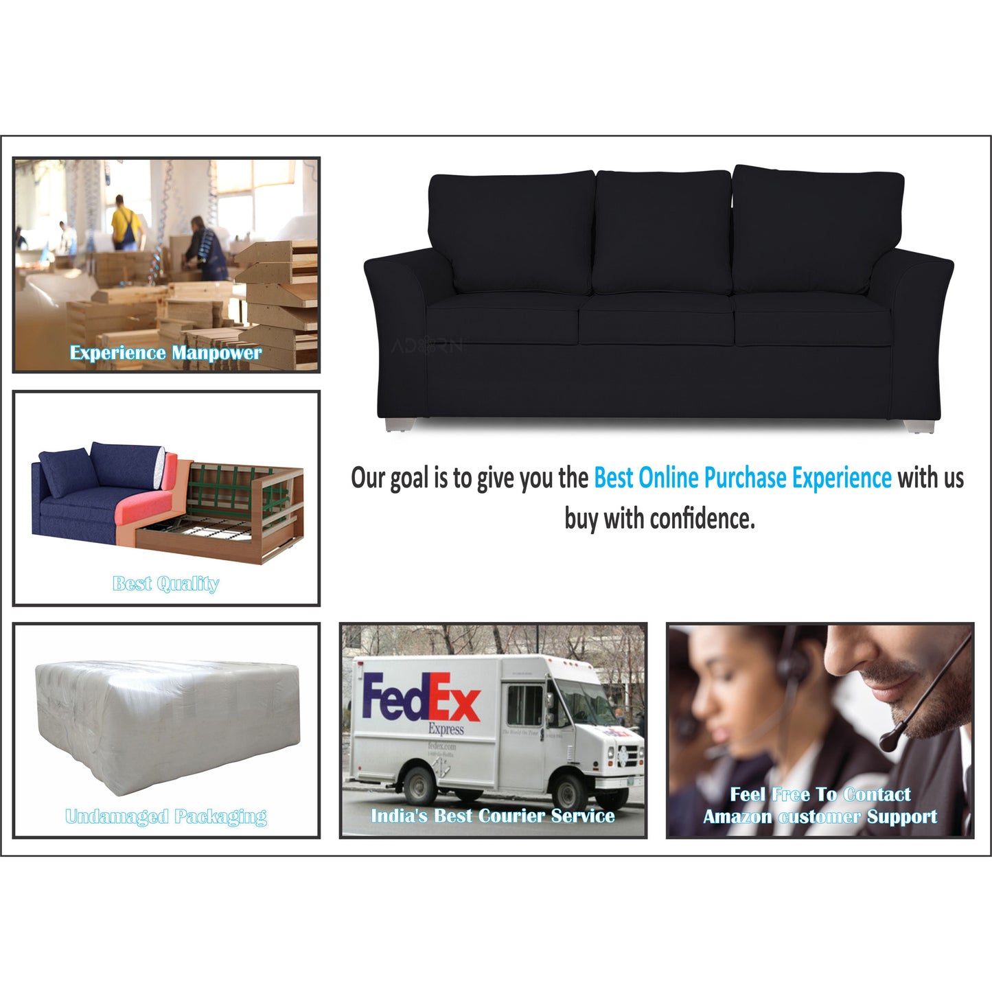 Adorn India Alexia 3 Seater Sofa(Black), Wood, Foam