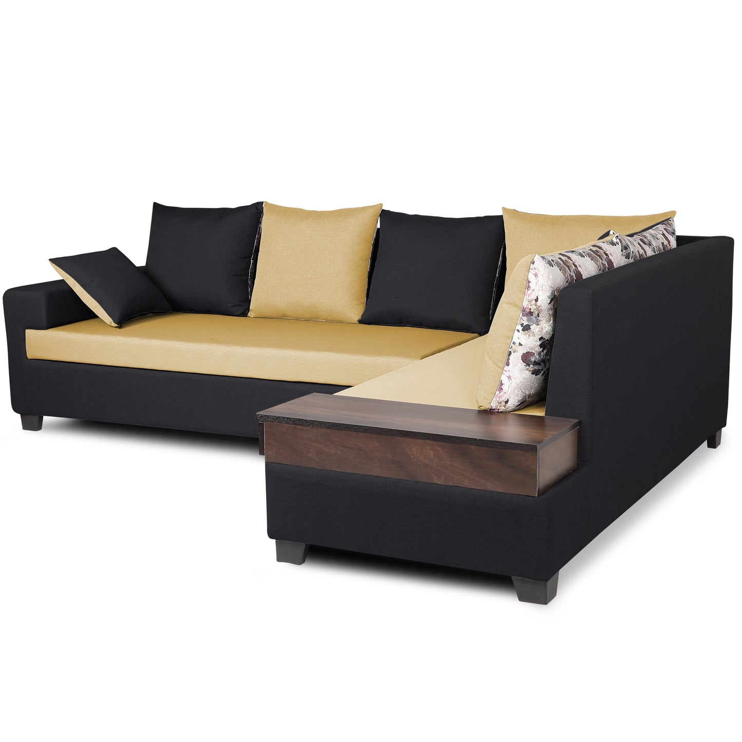 Adorn India Orlando Fabric L Shape 6 seater Sofa set (Black & Beige)