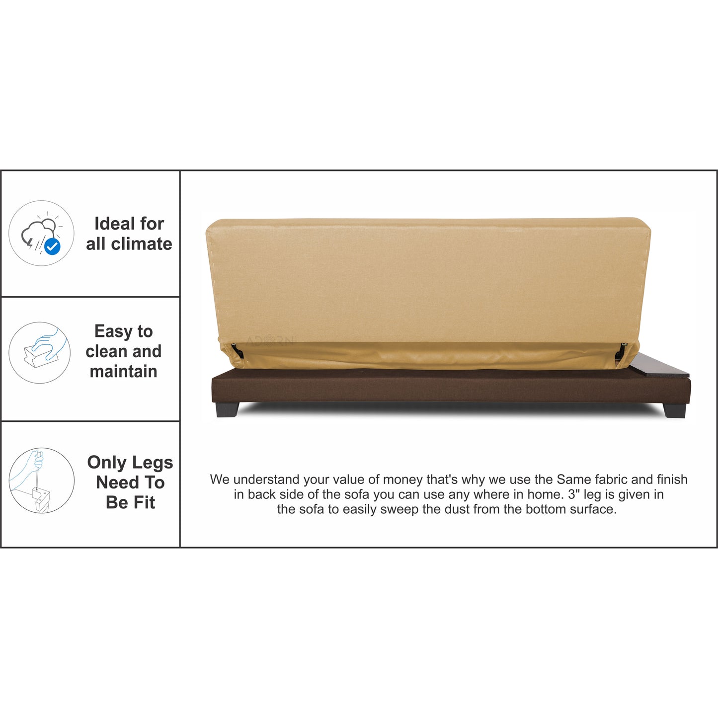 Adorn India Exclusive Two Tone Blake Three Seater Sofa Cum Bed (Brown & Beige), Wood, Foam