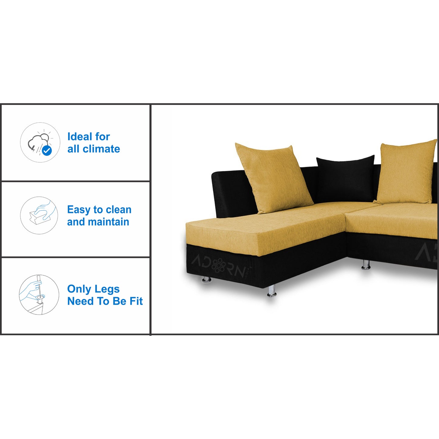 Adorn India Adillac 6 Seater Corner Sofa(Left Side Handle)(Yellow & Black)